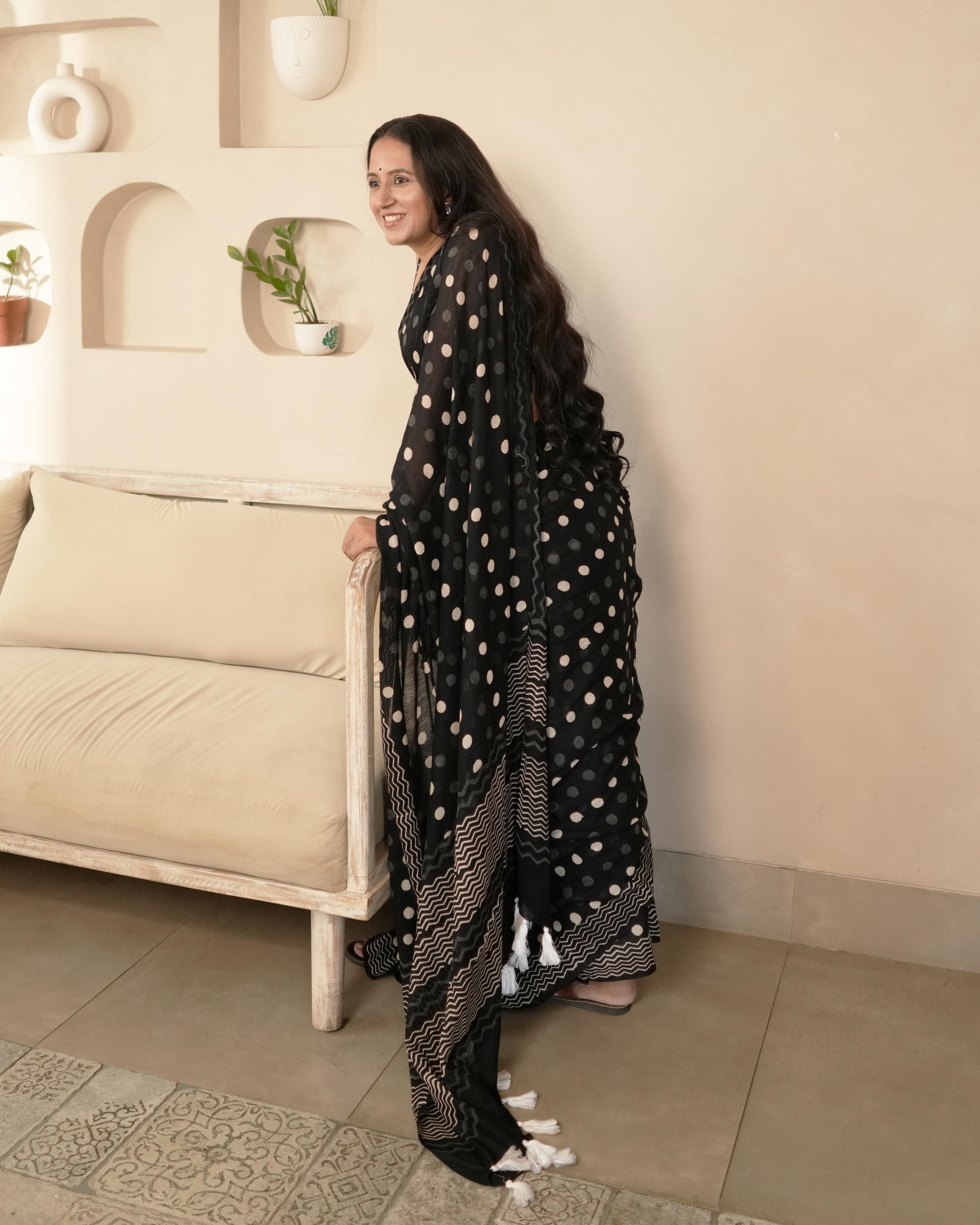 Polka Moonga Cotton Handblock Print Saree with Tassels