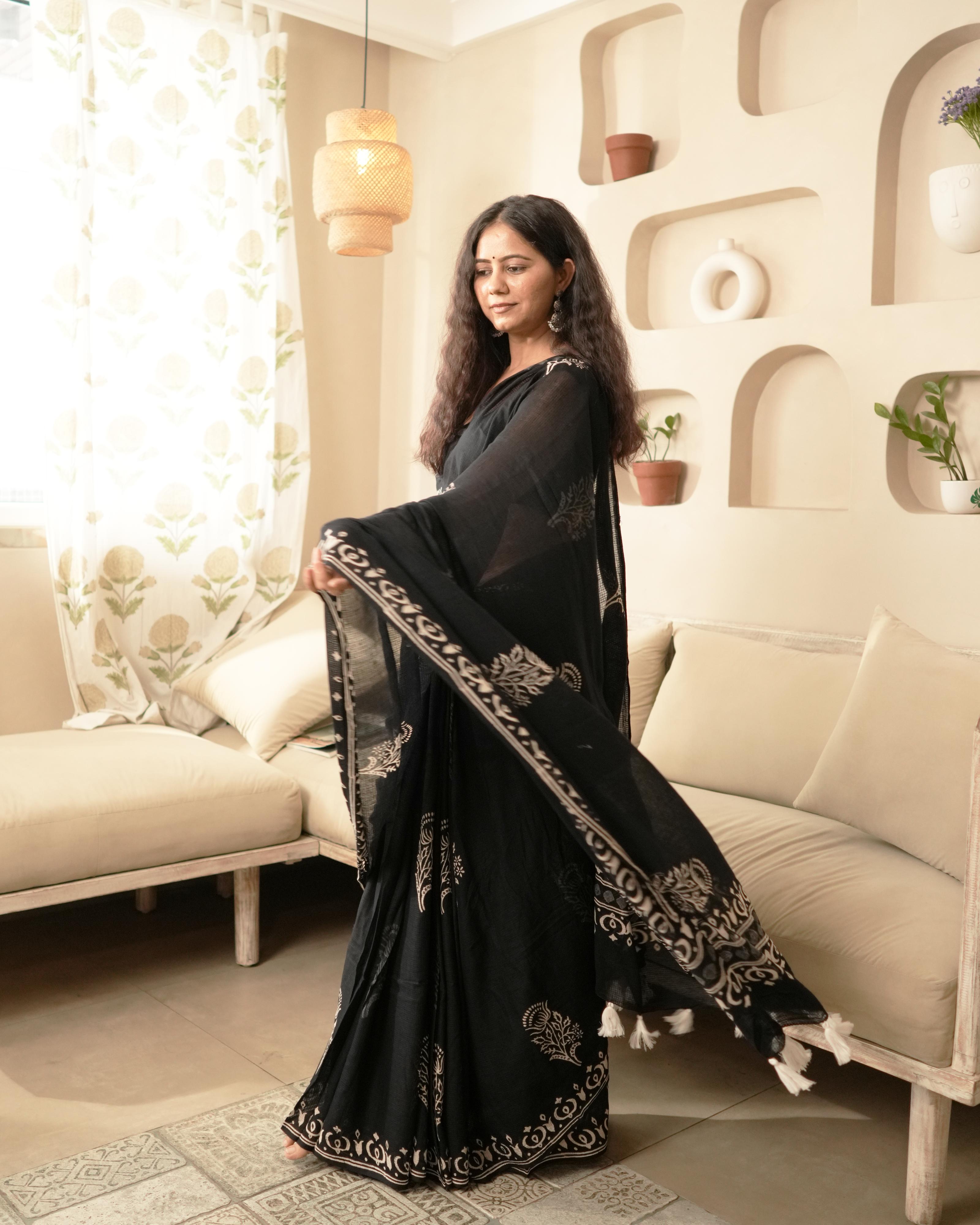 Lotus Butta Handblock Print Moonga Cotton Saree with Tassels