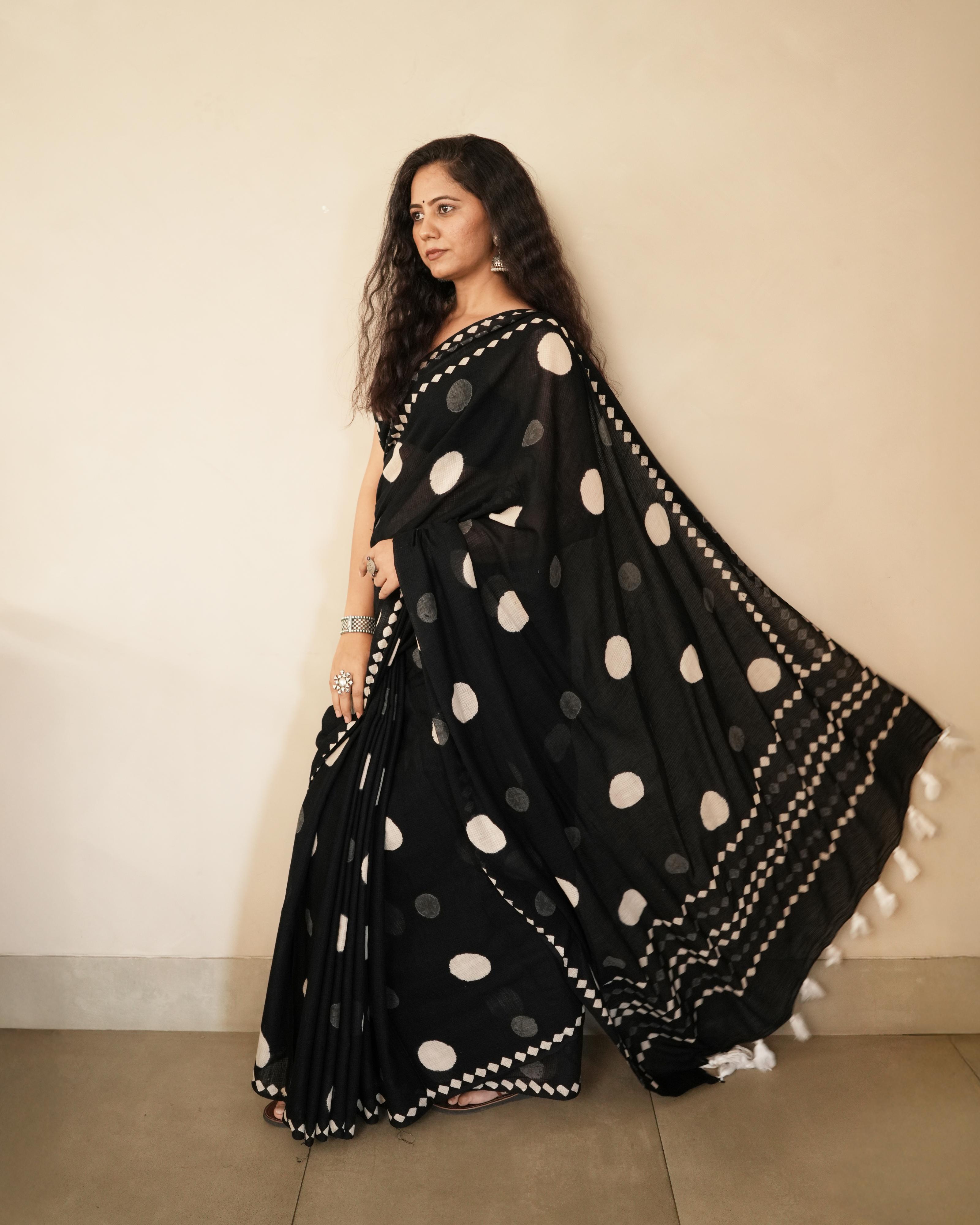 Large Polka Dot Print Moonga Cotton Saree with Tassels