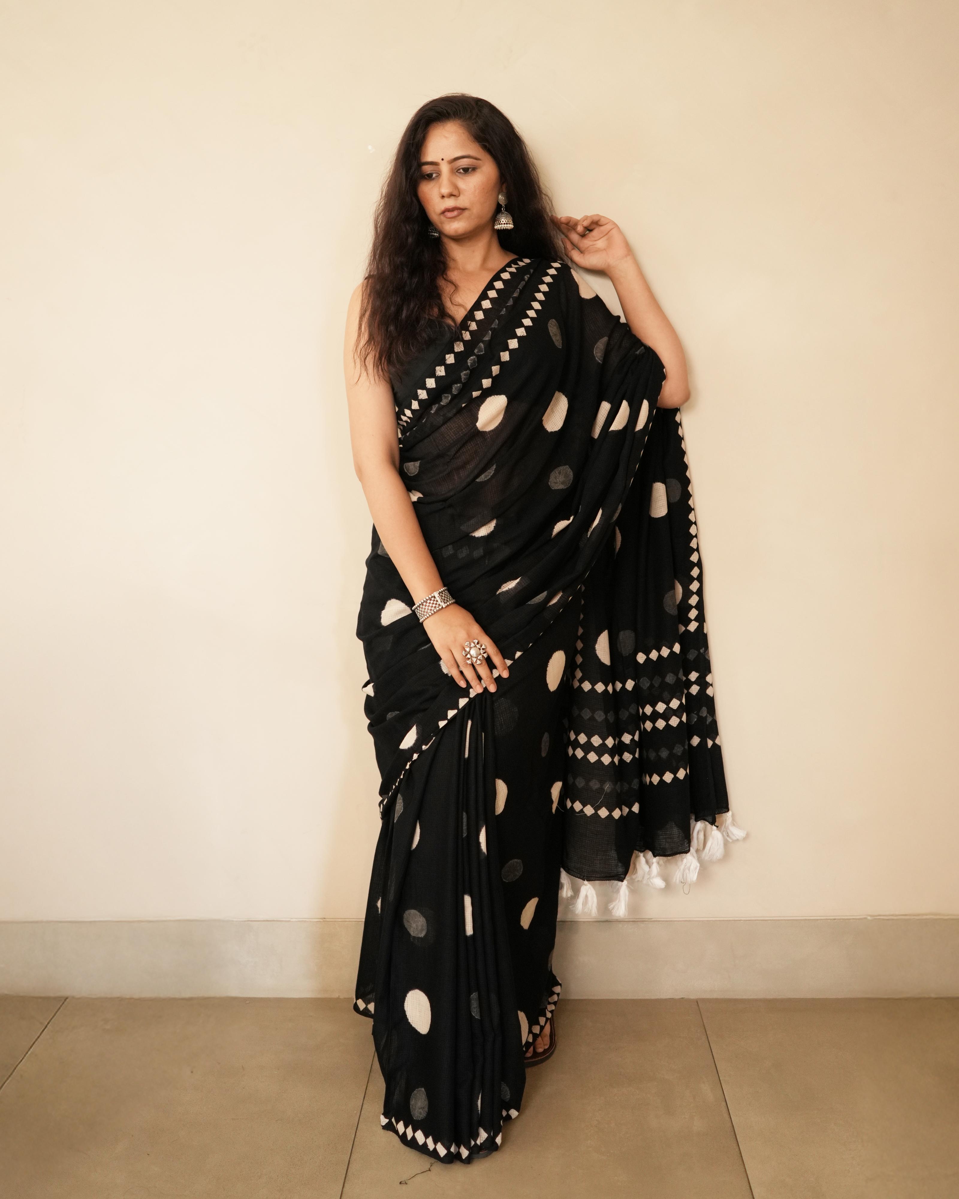 Large Polka Dot Print Moonga Cotton Saree with Tassels