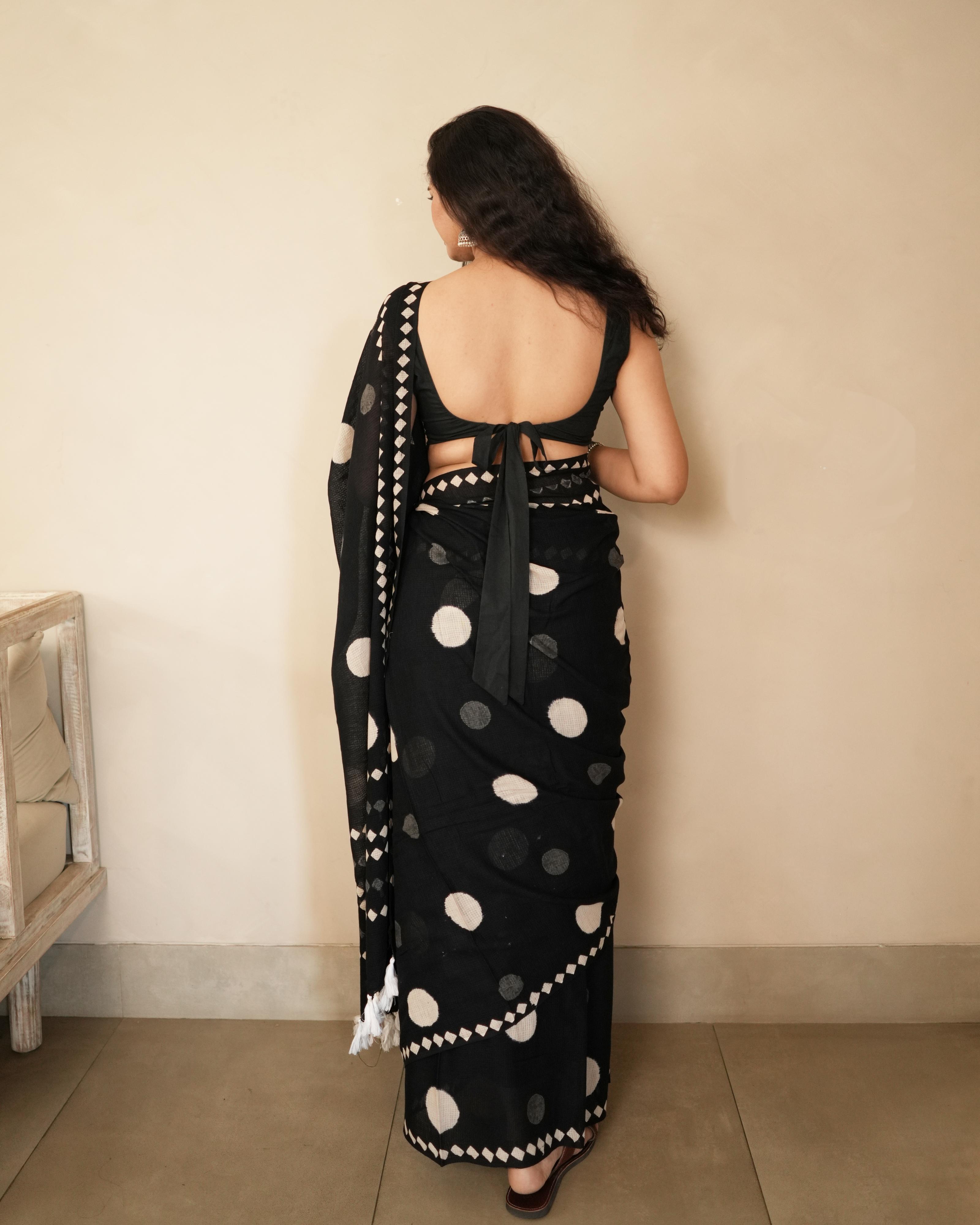 Large Polka Dot Print Moonga Cotton Saree with Tassels