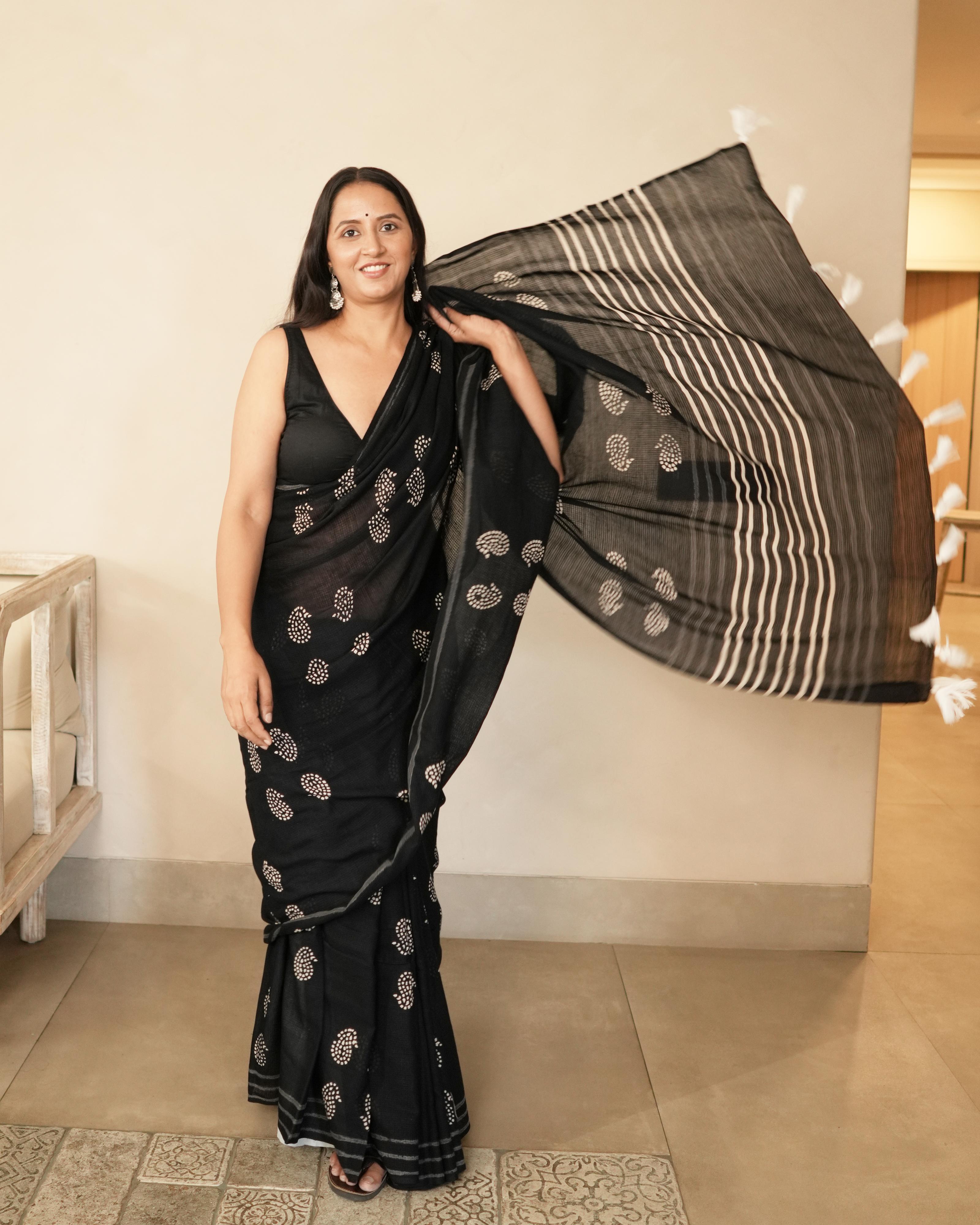 Paisley Handblock Print Moonga Cotton Saree with Tassels