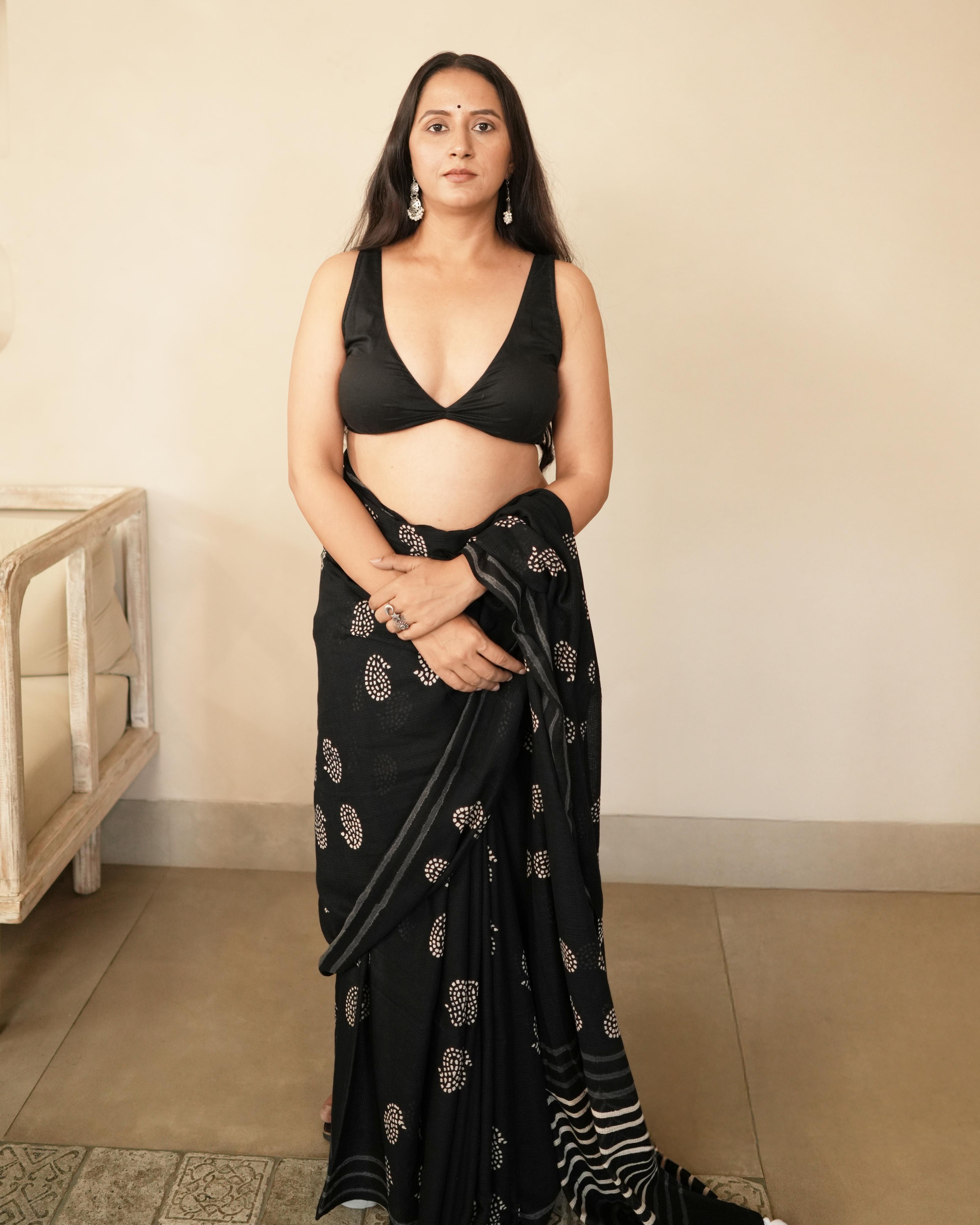 Paisley Handblock Print Moonga Cotton Saree with Tassels