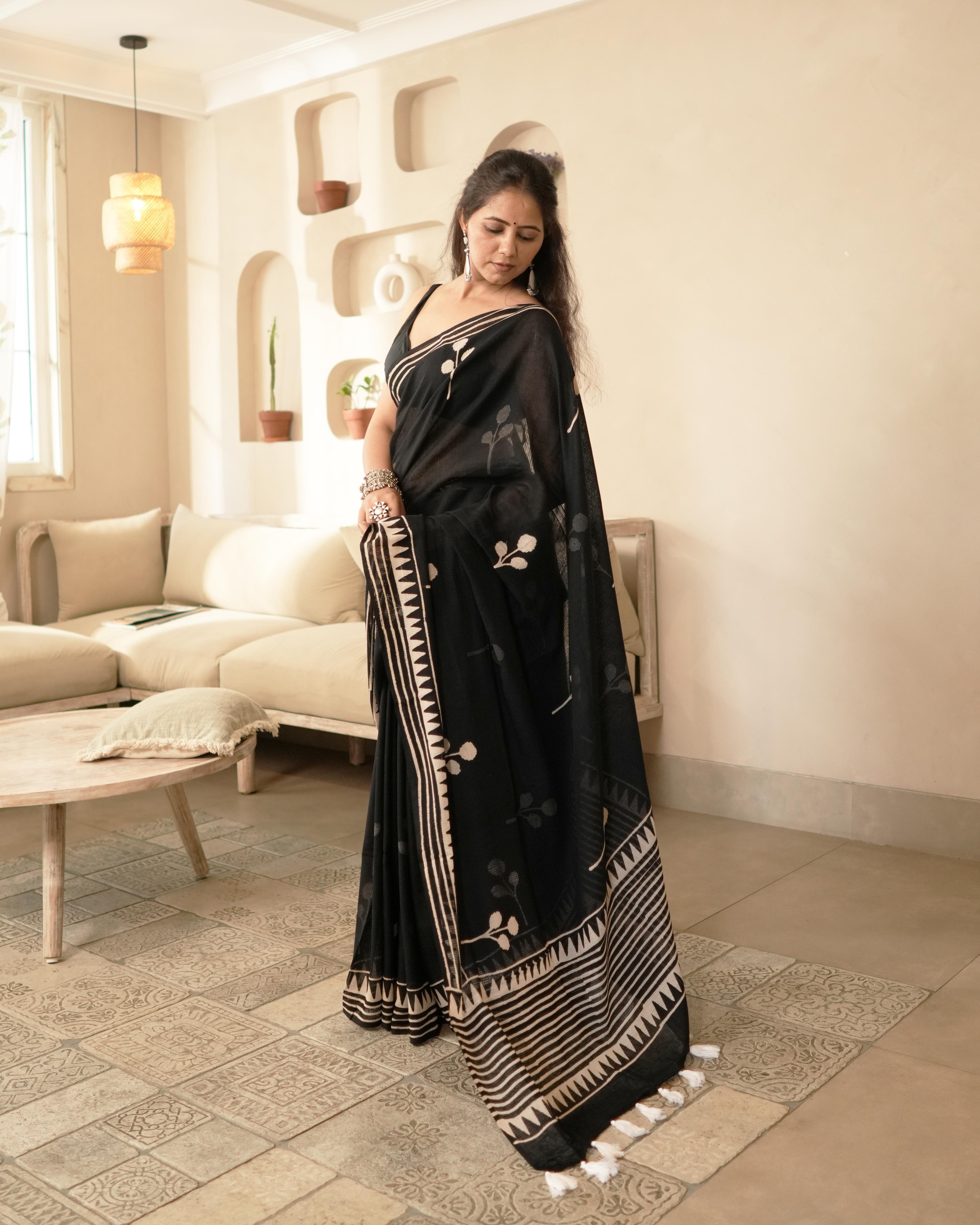 Leaf Block Print Moonga Cotton Saree with Tassels
