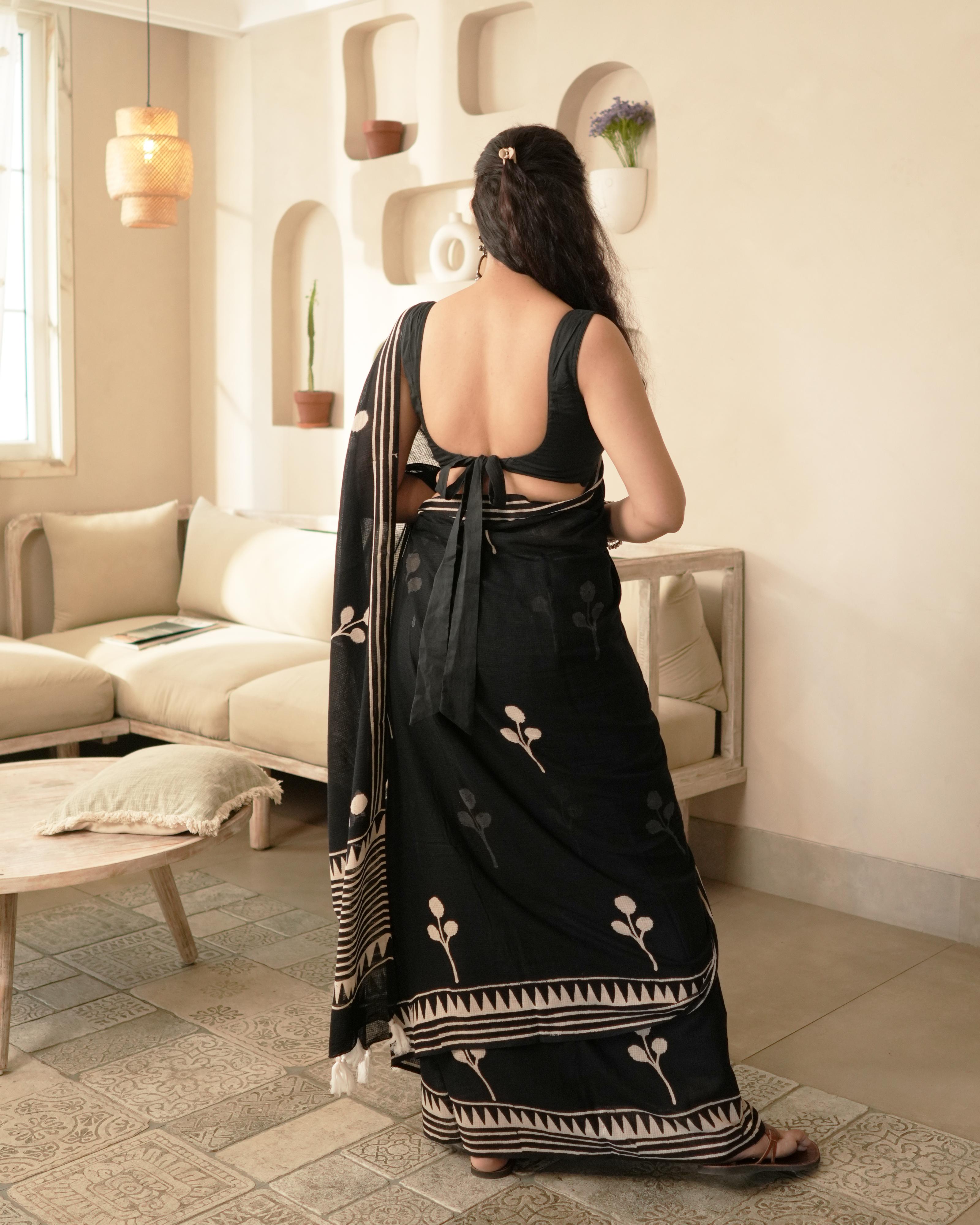 Leaf Block Print Moonga Cotton Saree with Tassels