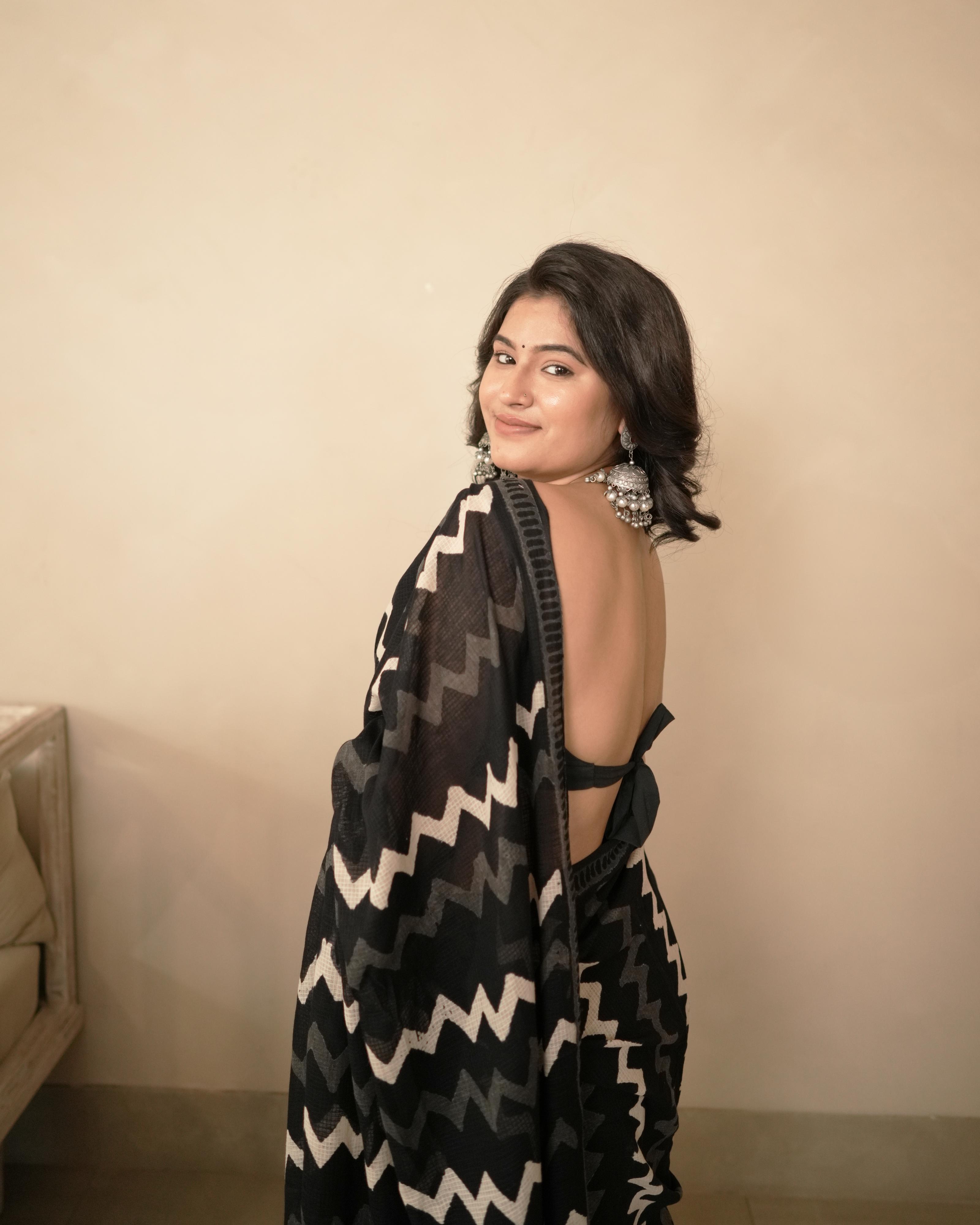 Wave Handblock Print Moonga Cotton Saree with Tassels