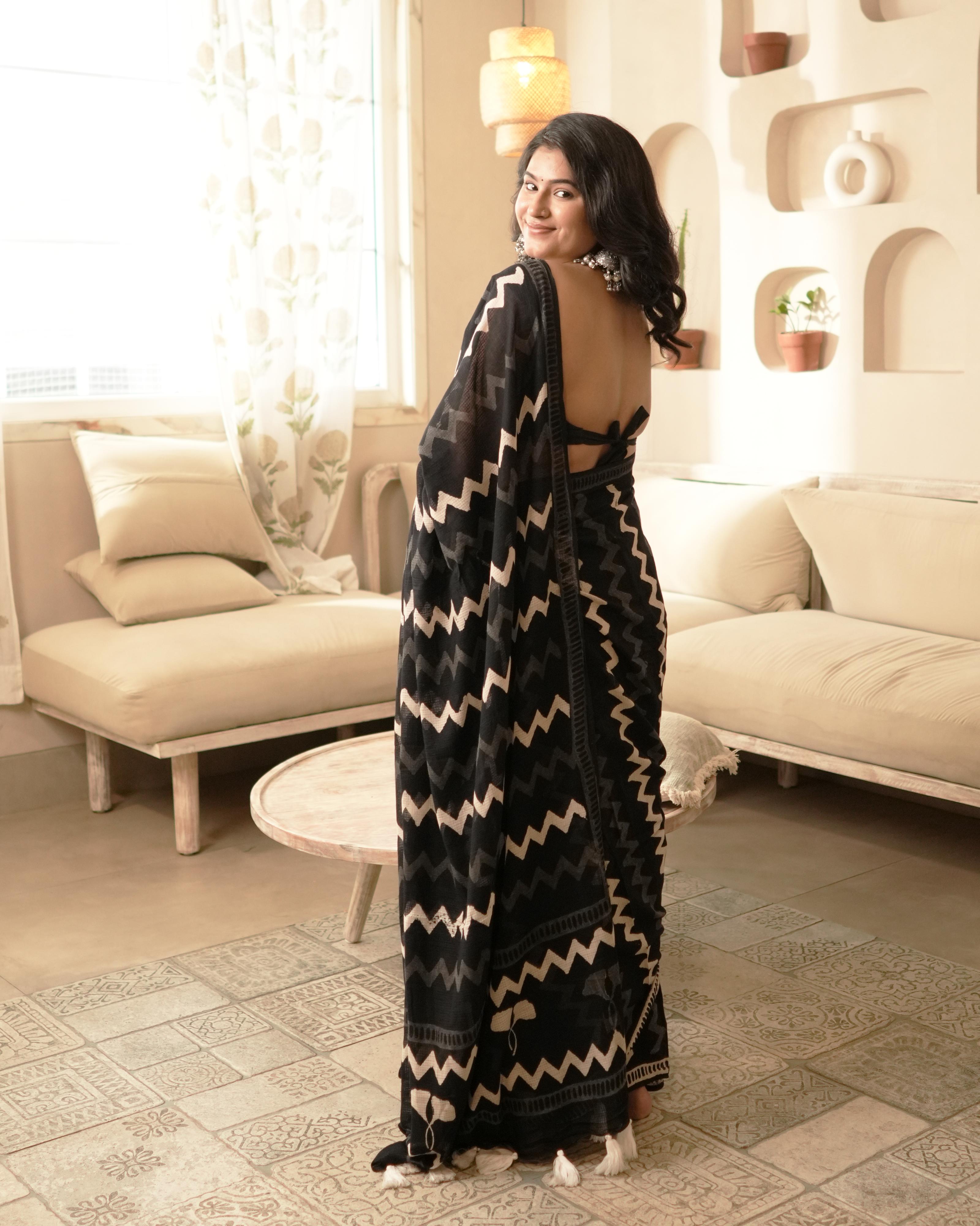 Wave Handblock Print Moonga Cotton Saree with Tassels