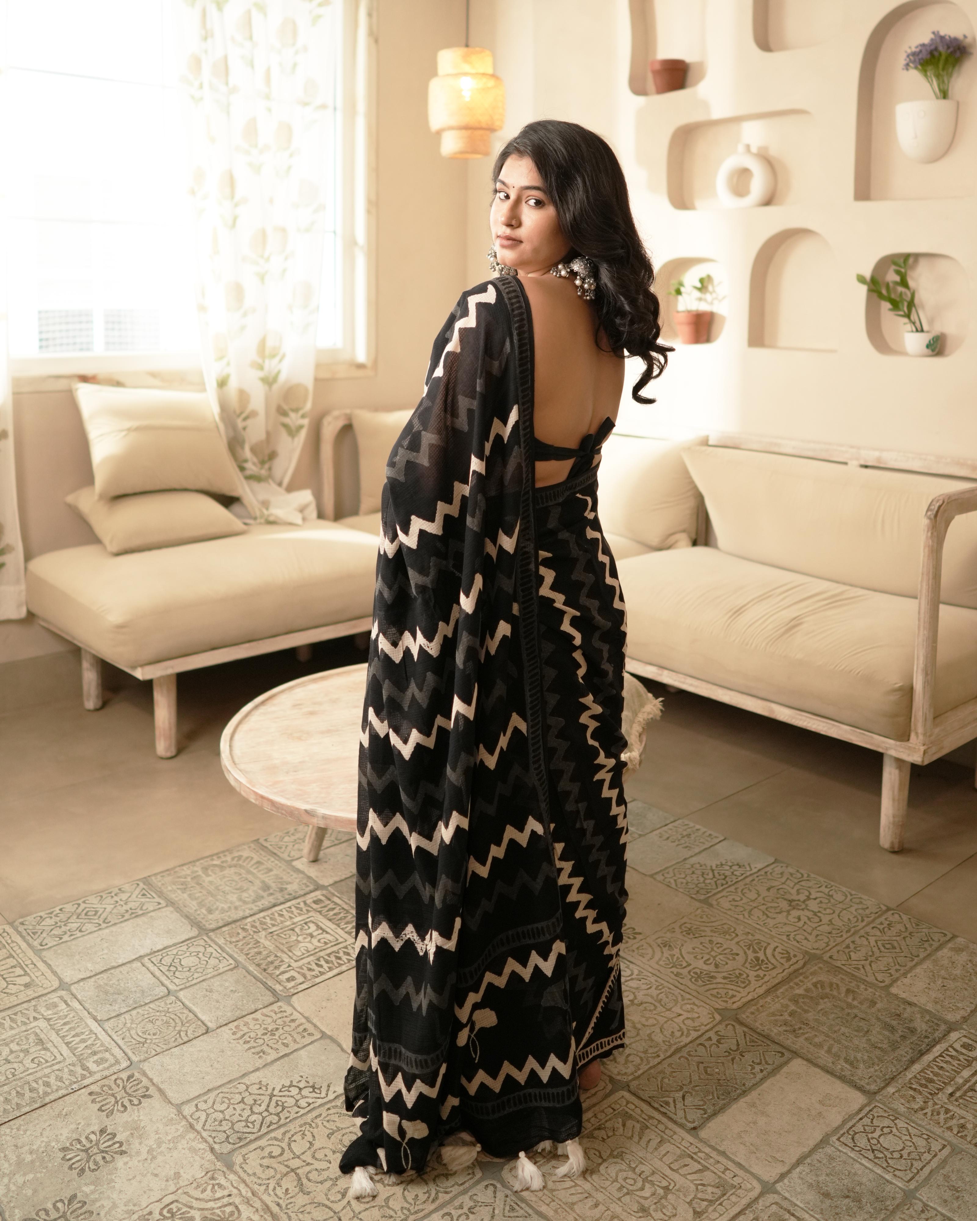 Wave Handblock Print Moonga Cotton Saree with Tassels