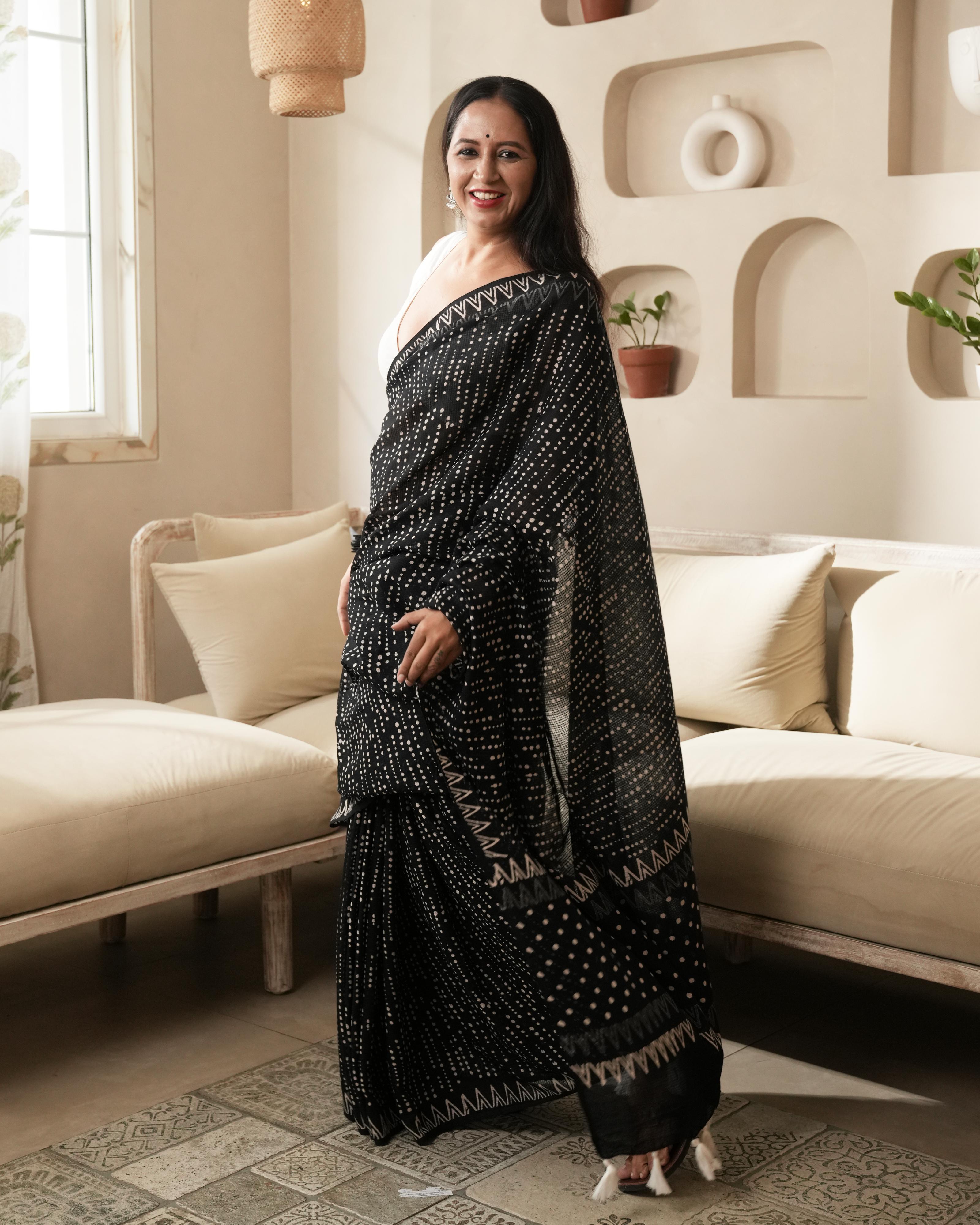 Dot Handblock Print Moonga Cotton Saree with Tassels