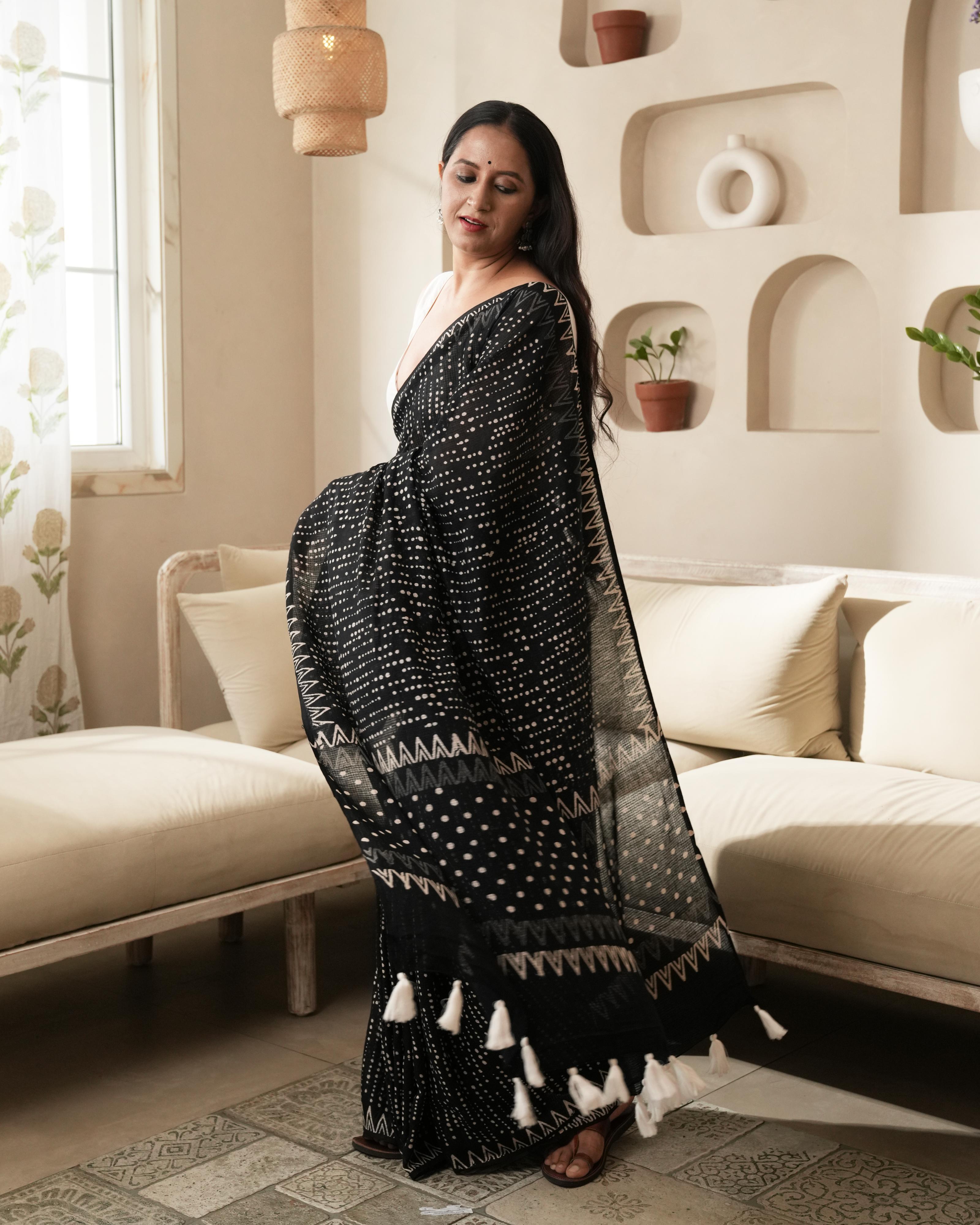 Dot Handblock Print Moonga Cotton Saree with Tassels