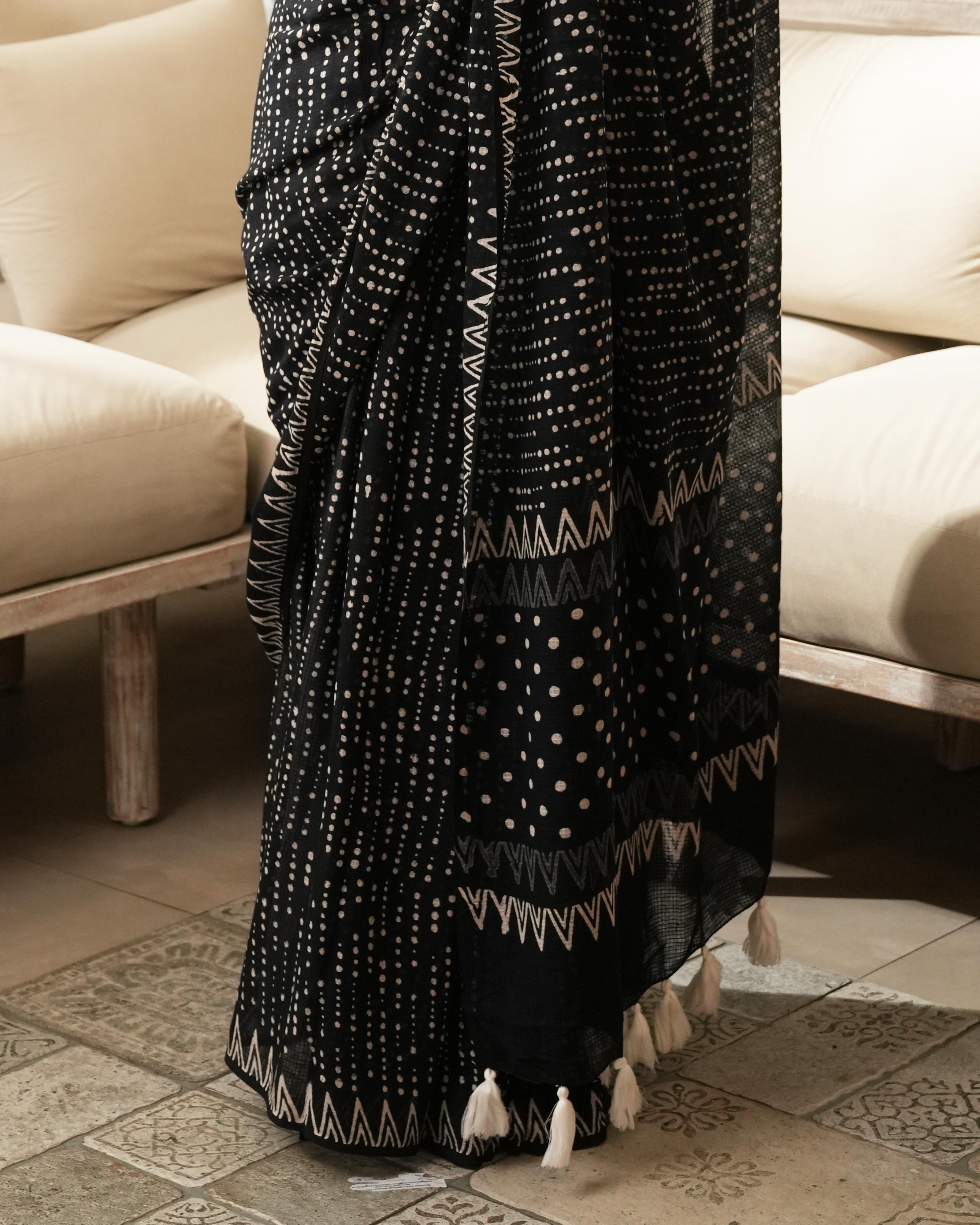 Dot Handblock Print Moonga Cotton Saree with Tassels