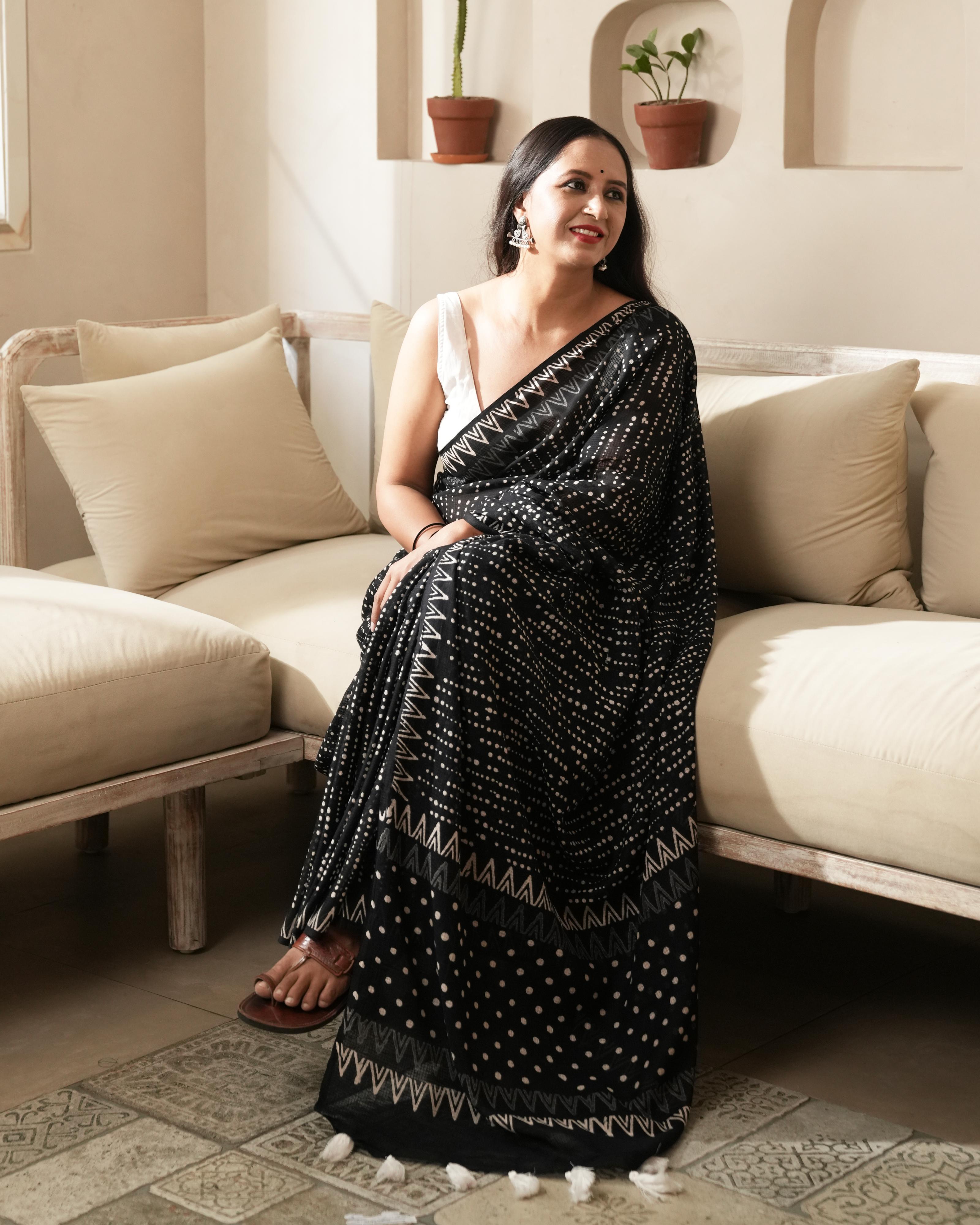 Dot Handblock Print Moonga Cotton Saree with Tassels