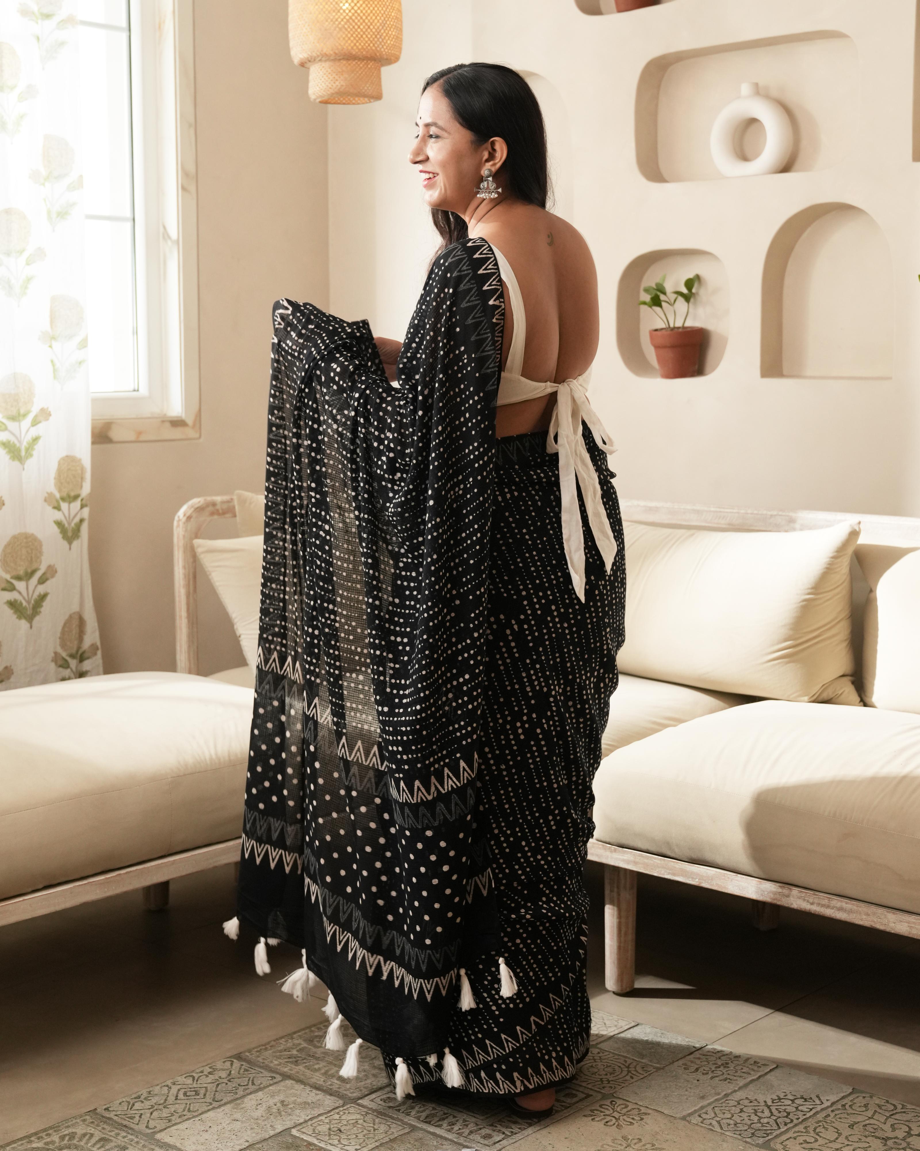 Dot Handblock Print Moonga Cotton Saree with Tassels