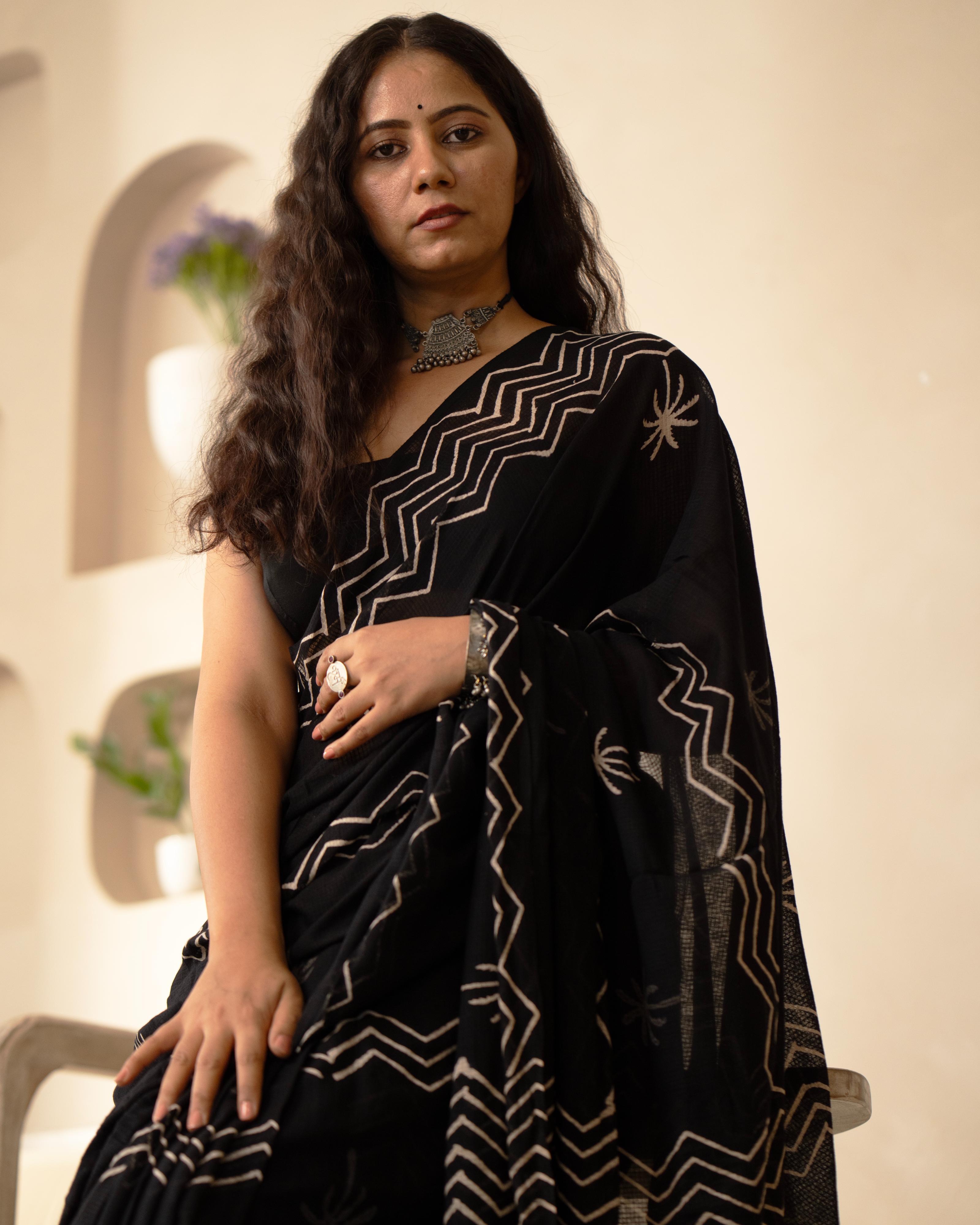 Zigzag Block Print Moonga Cotton Saree with Tassels