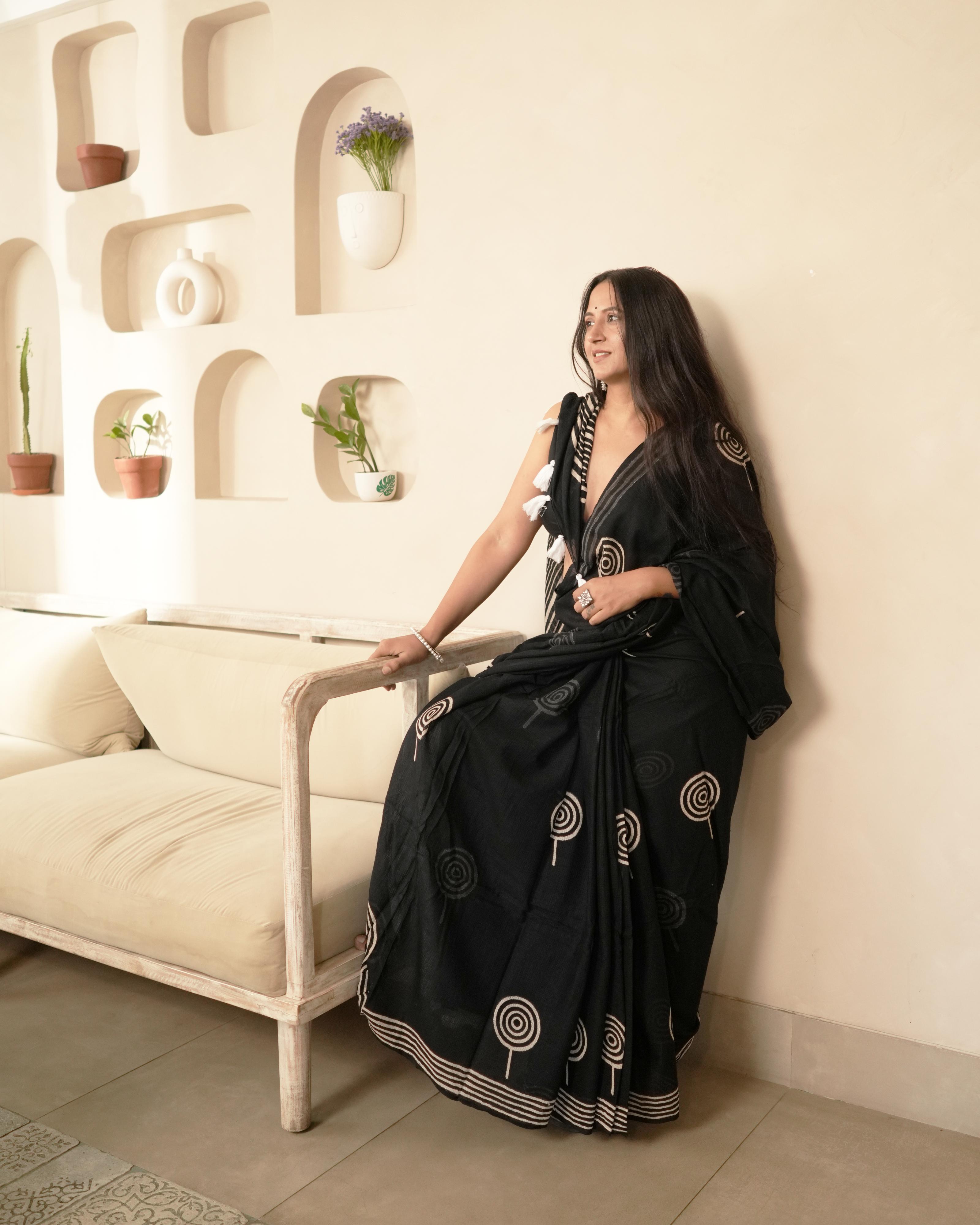 Eyecandy Handblock Print Moonga Cotton Saree with Tassels