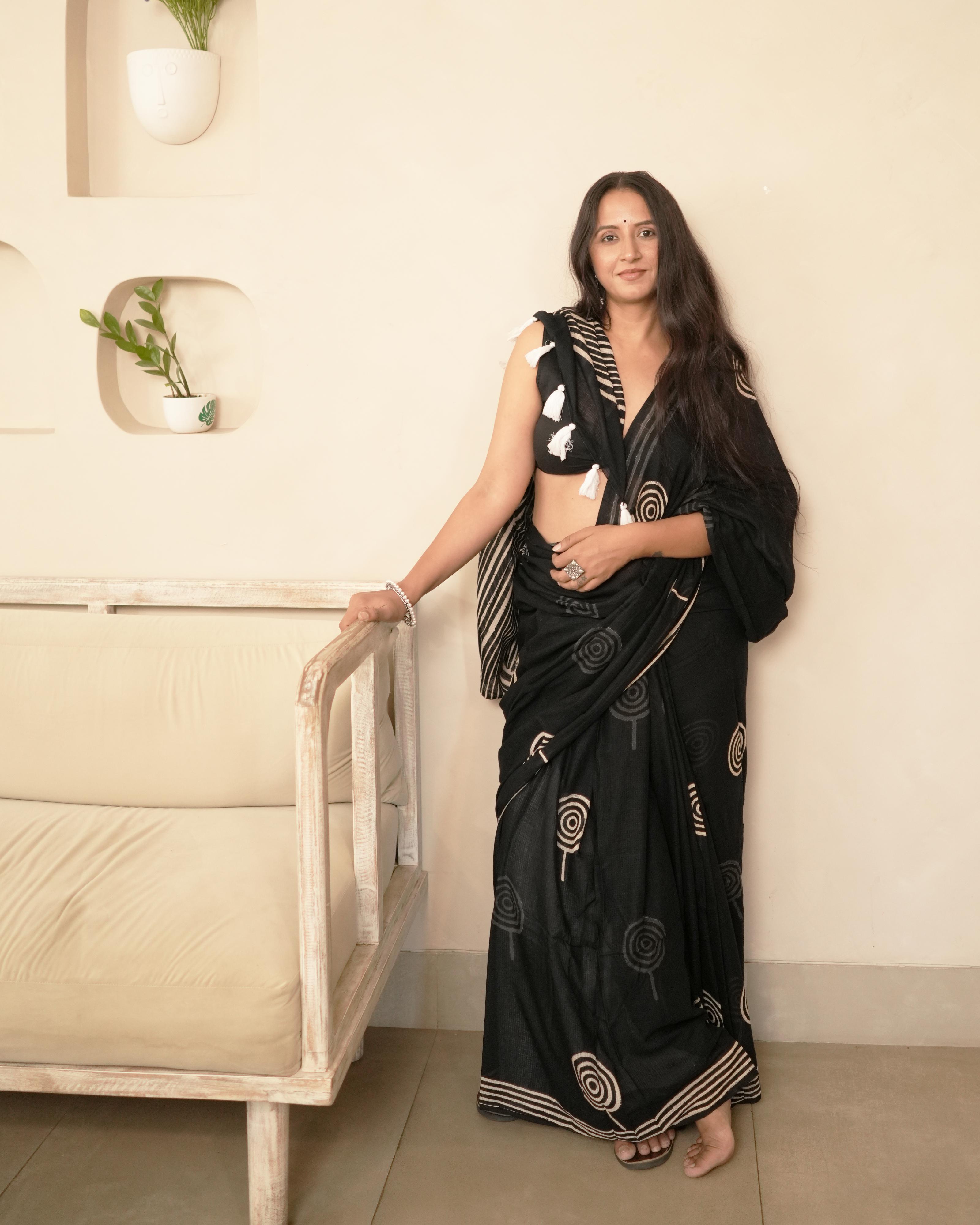 Eyecandy Handblock Print Moonga Cotton Saree with Tassels
