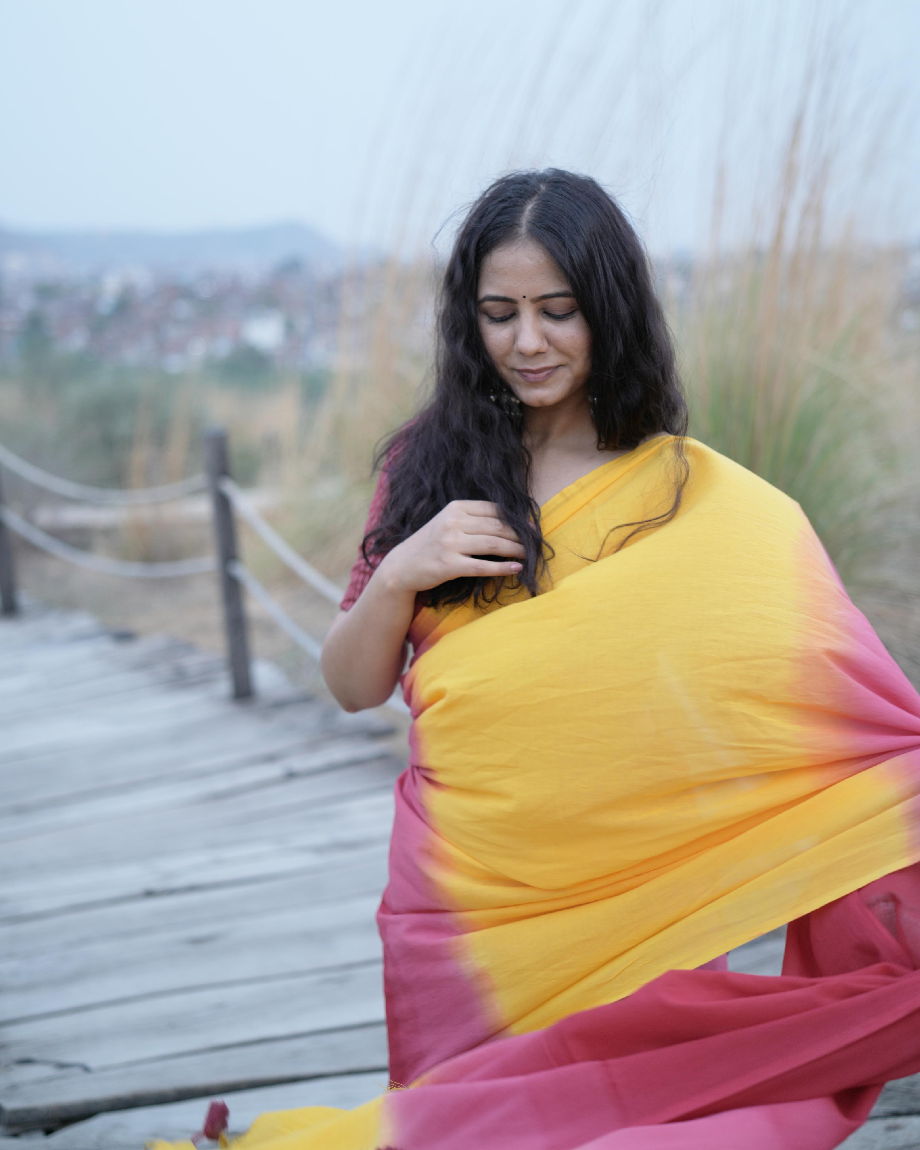 Yellow & Red Shaded Mul Saree with Tassels