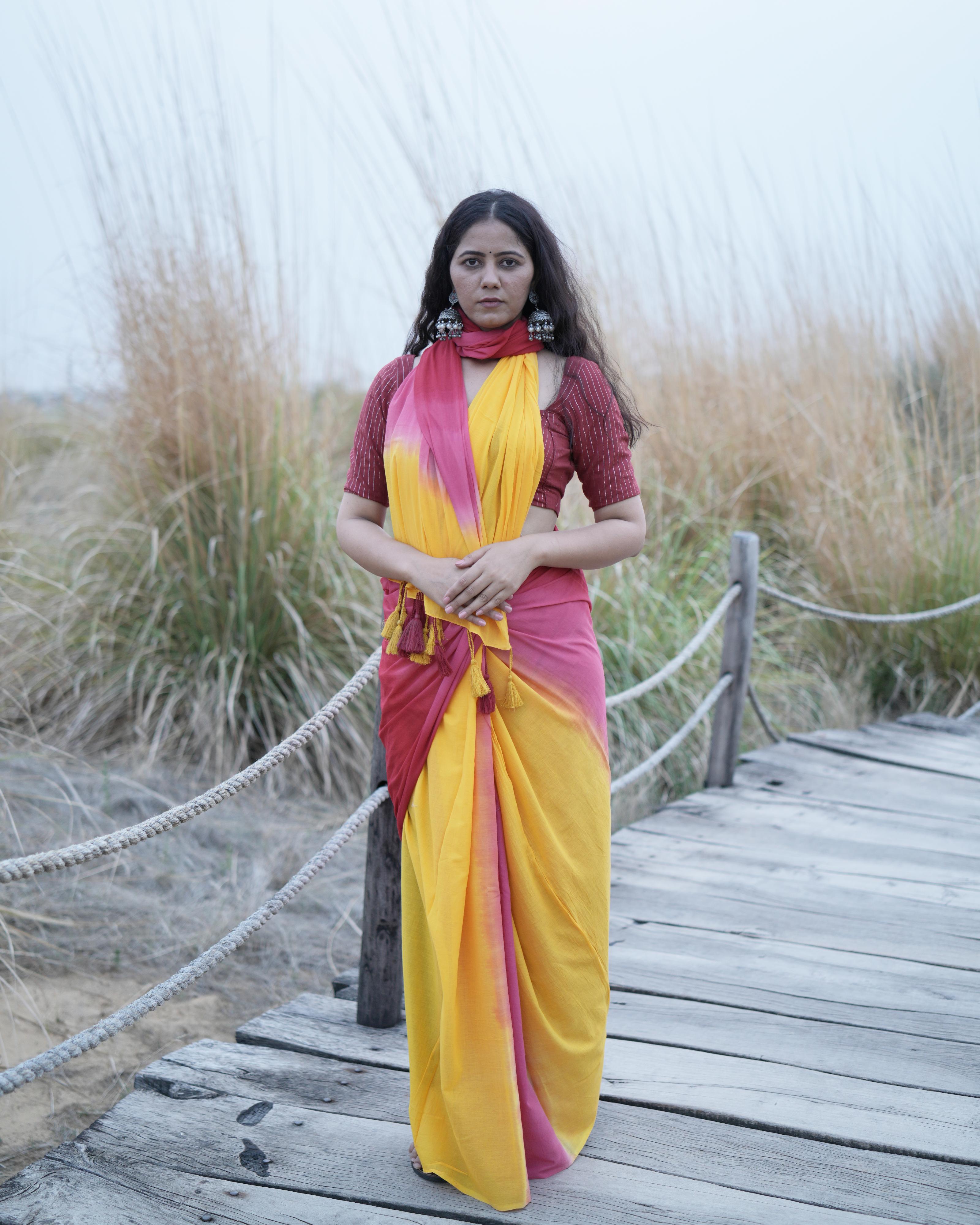 Yellow & Red Shaded Mul Saree with Tassels
