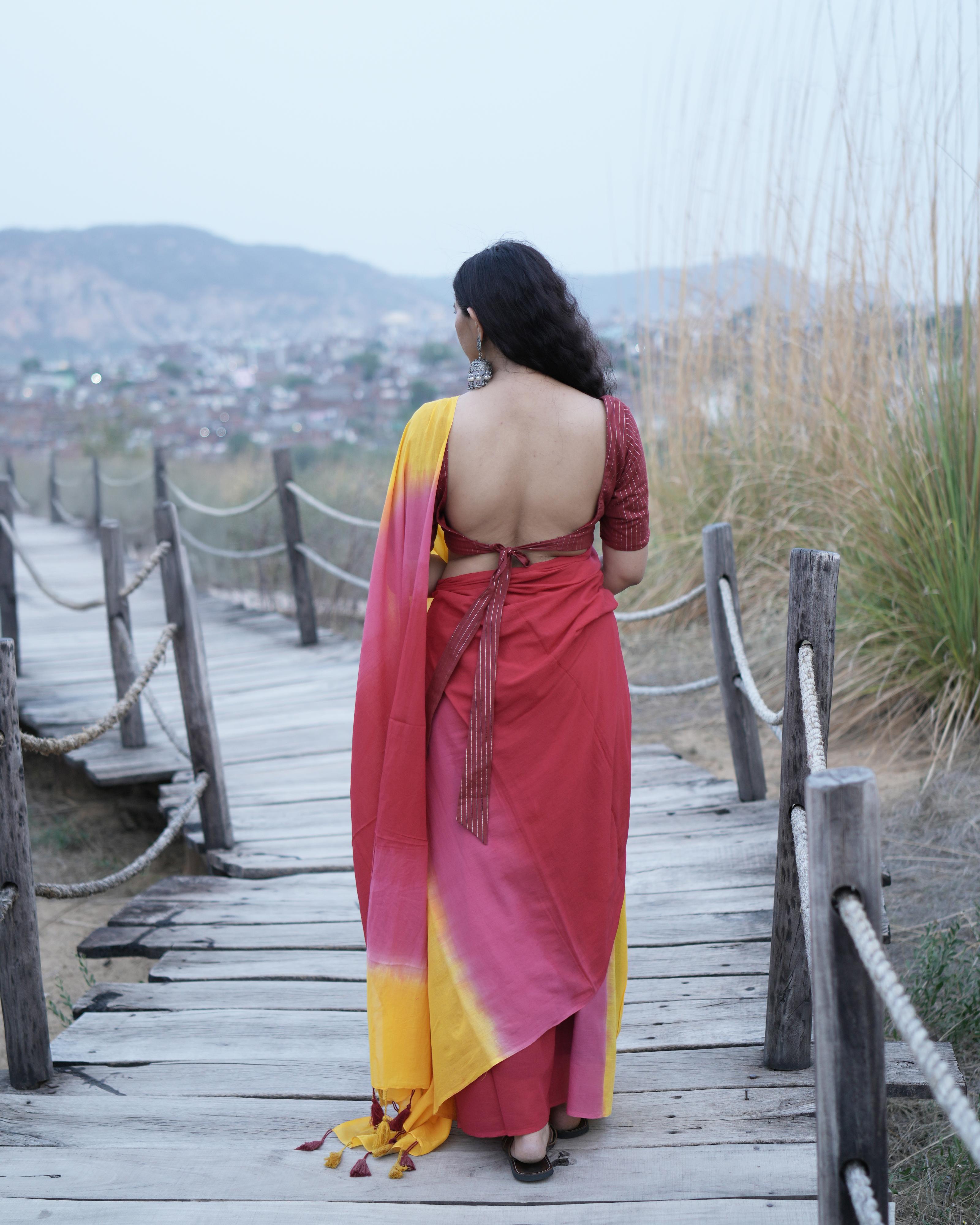 Yellow & Red Shaded Mul Saree with Tassels