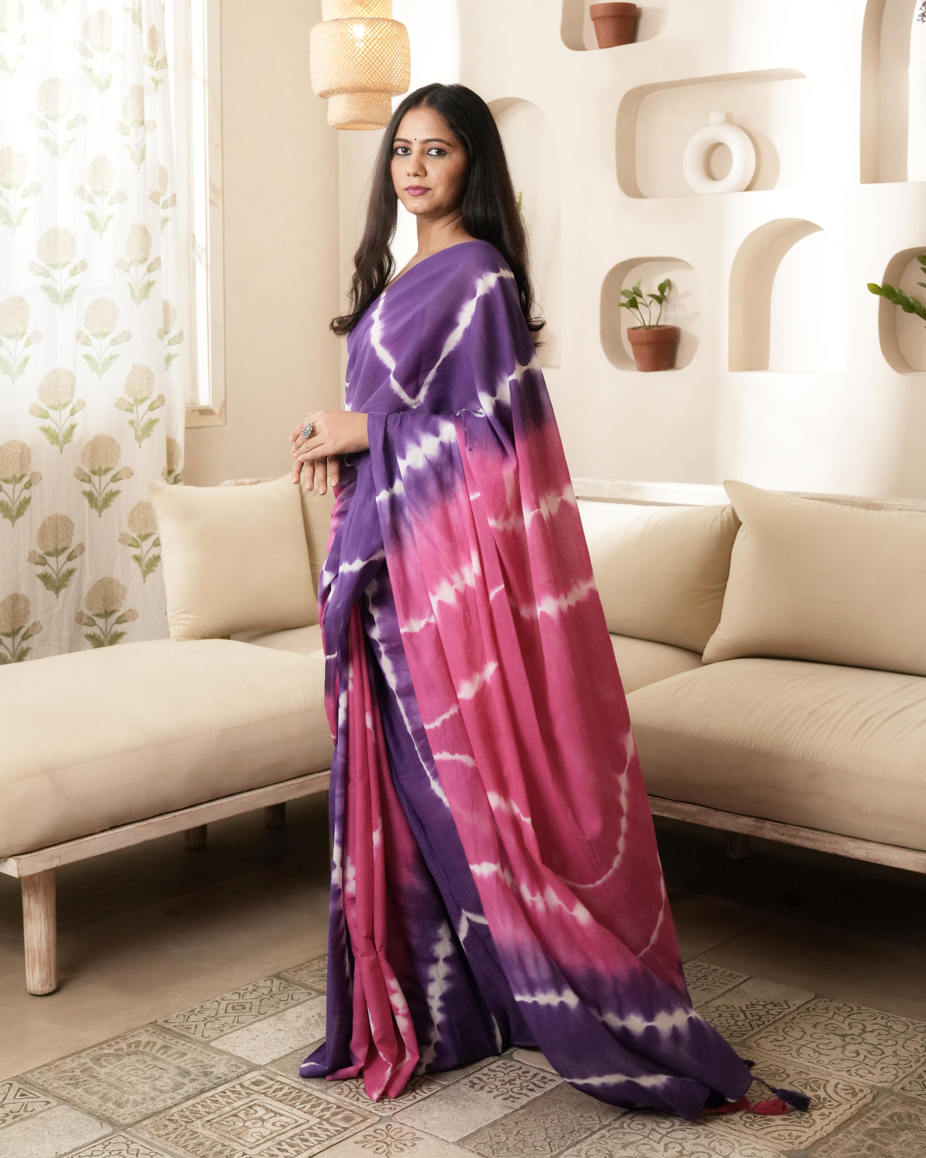 Magenta & Violet Tie-Dye Mul Saree with Tassels