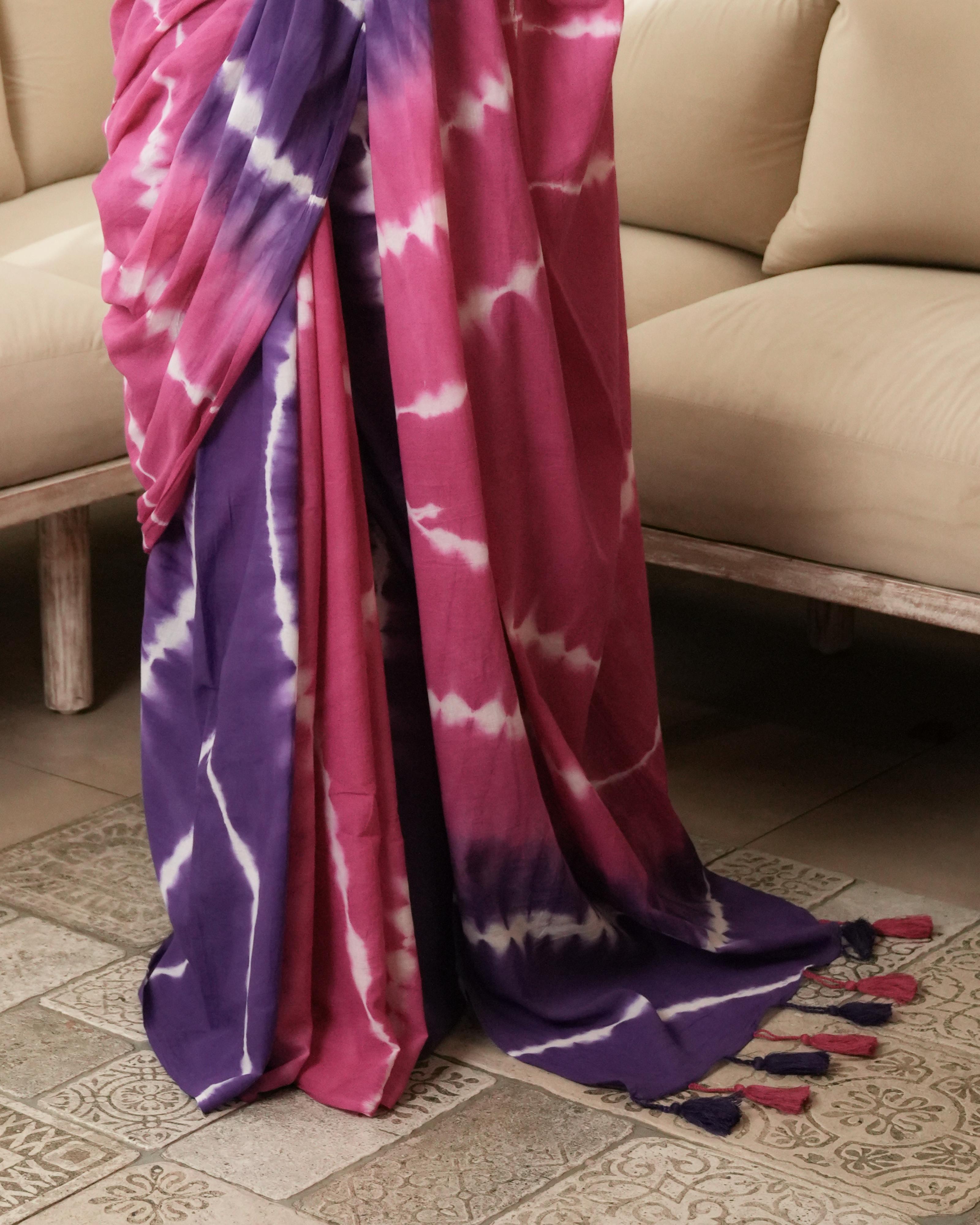 Magenta & Violet Tie-Dye Mul Saree with Tassels