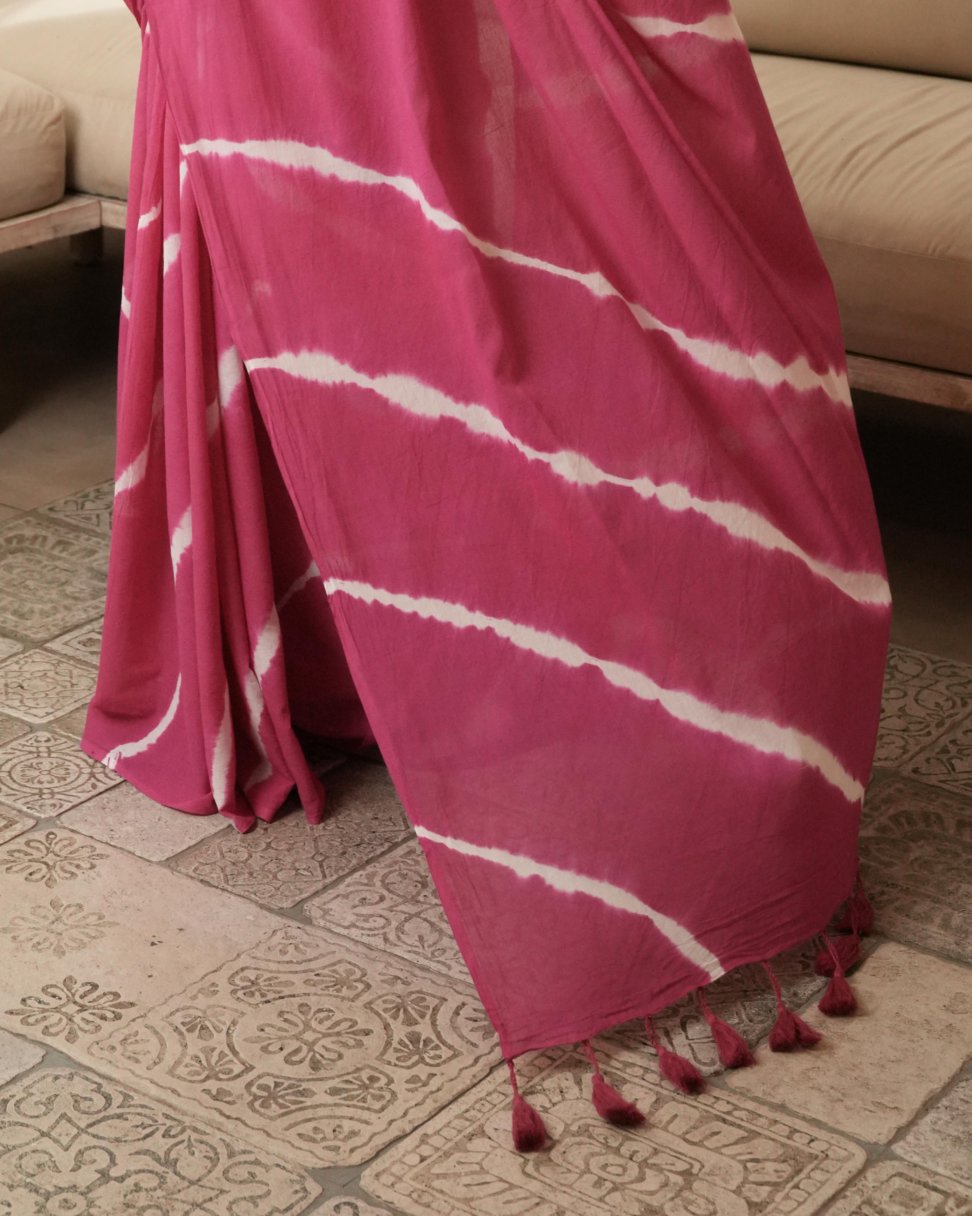 Magenta Tie-Dye Mul Saree with Tassels