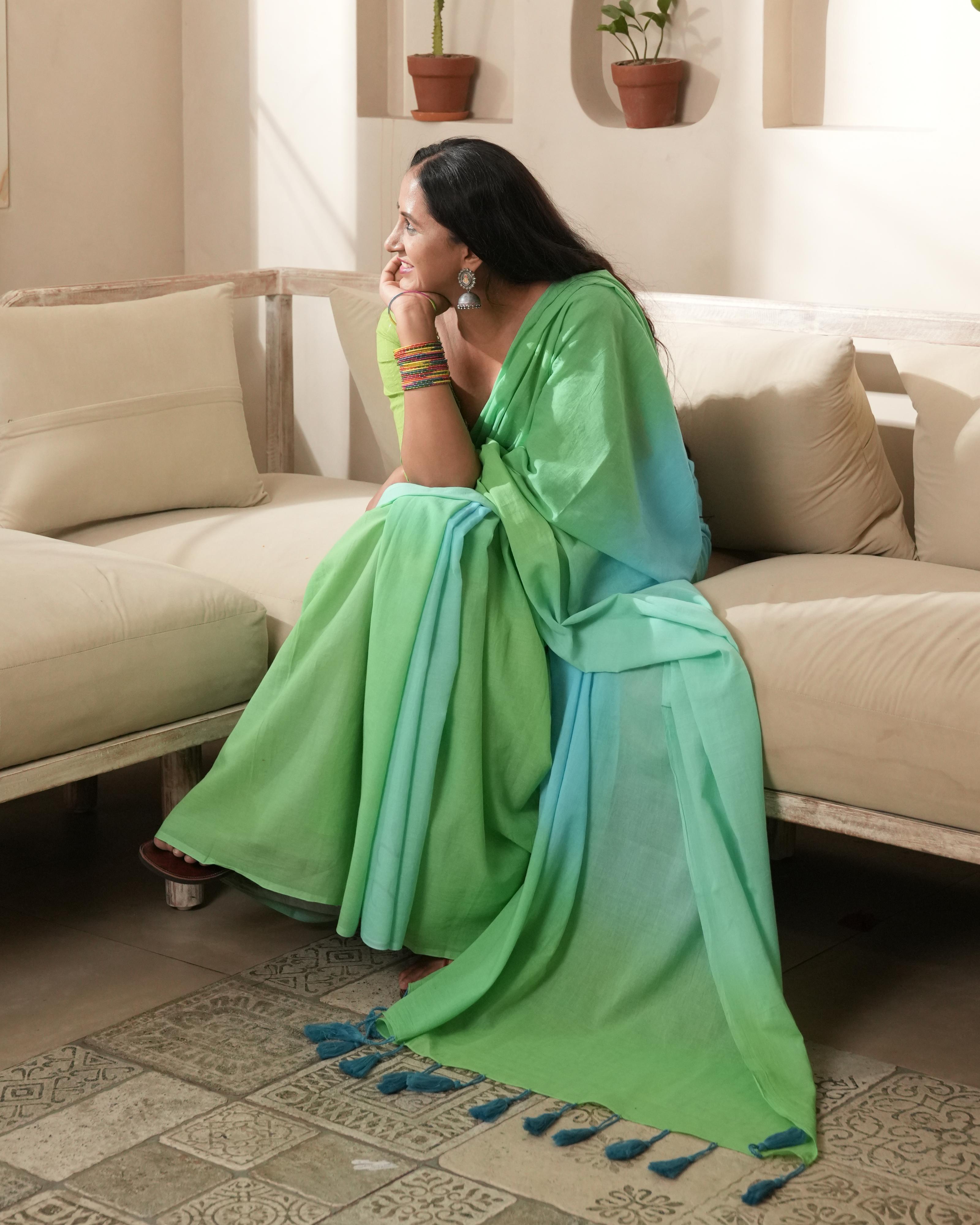 Green Shaded Shibori Mul Saree with Tassels