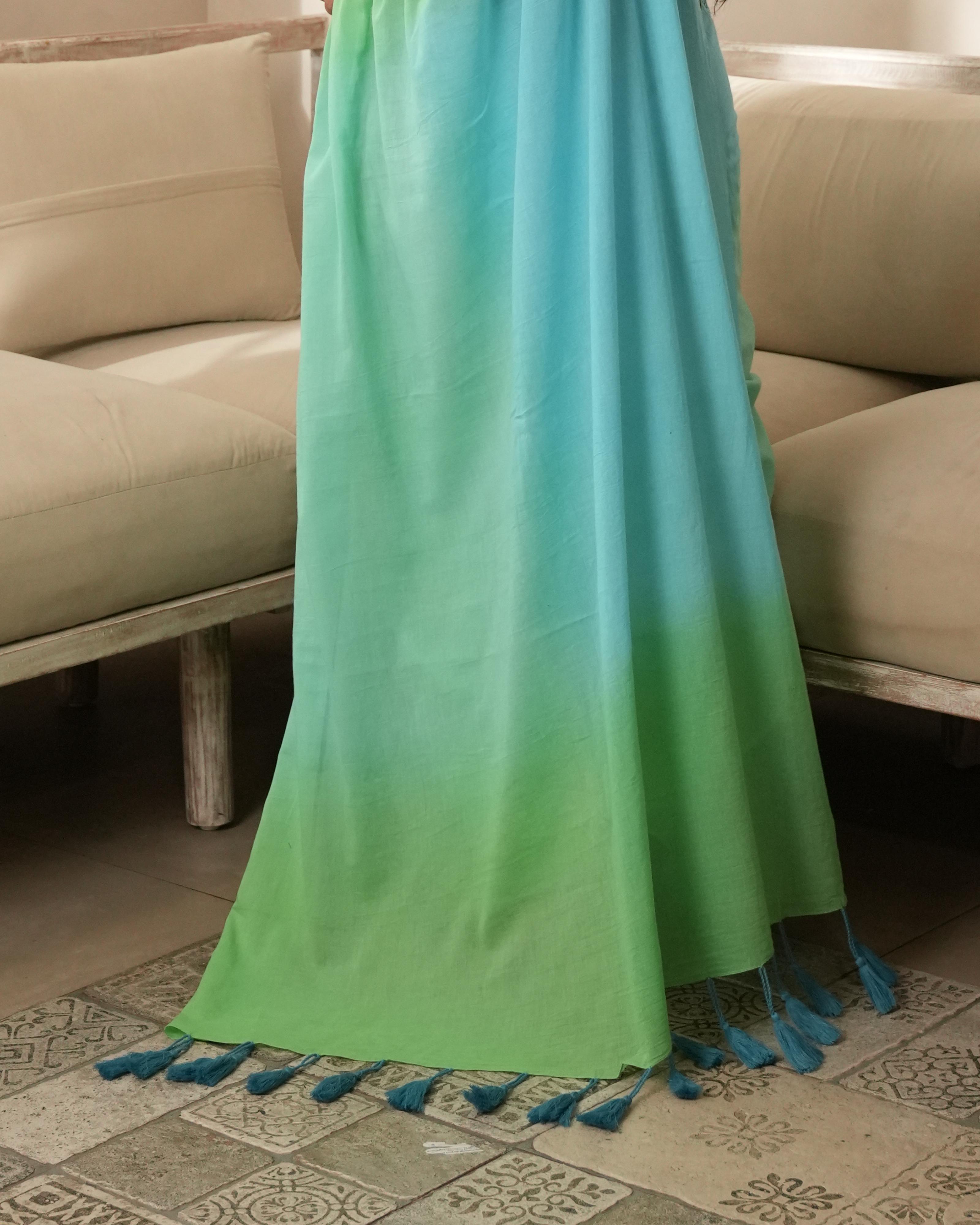 Green Shaded Shibori Mul Saree with Tassels