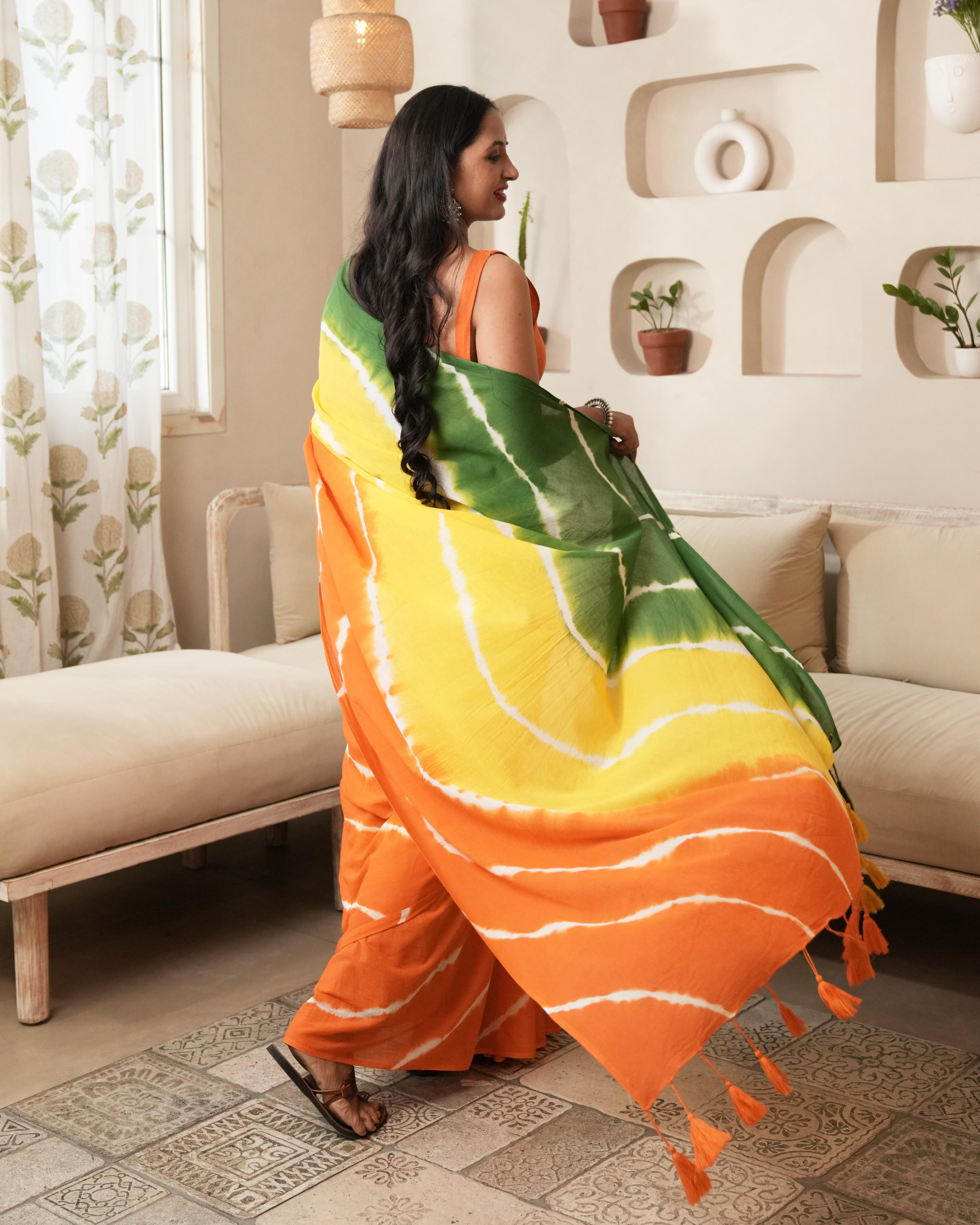 Multi-Shade Shibori Mul Saree with Tassels