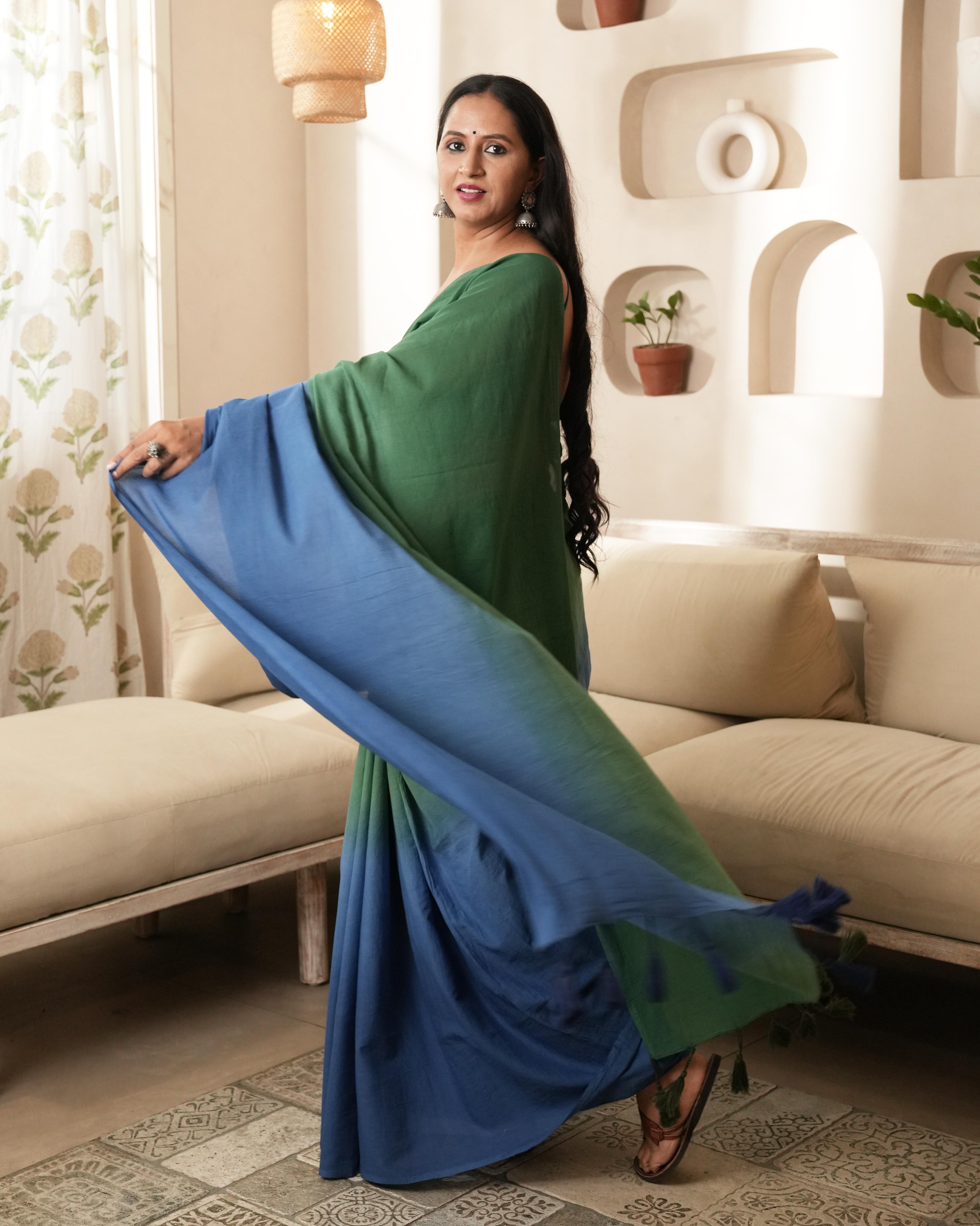 Blue-Green Half & Half Dyed Mul Saree with Tassels