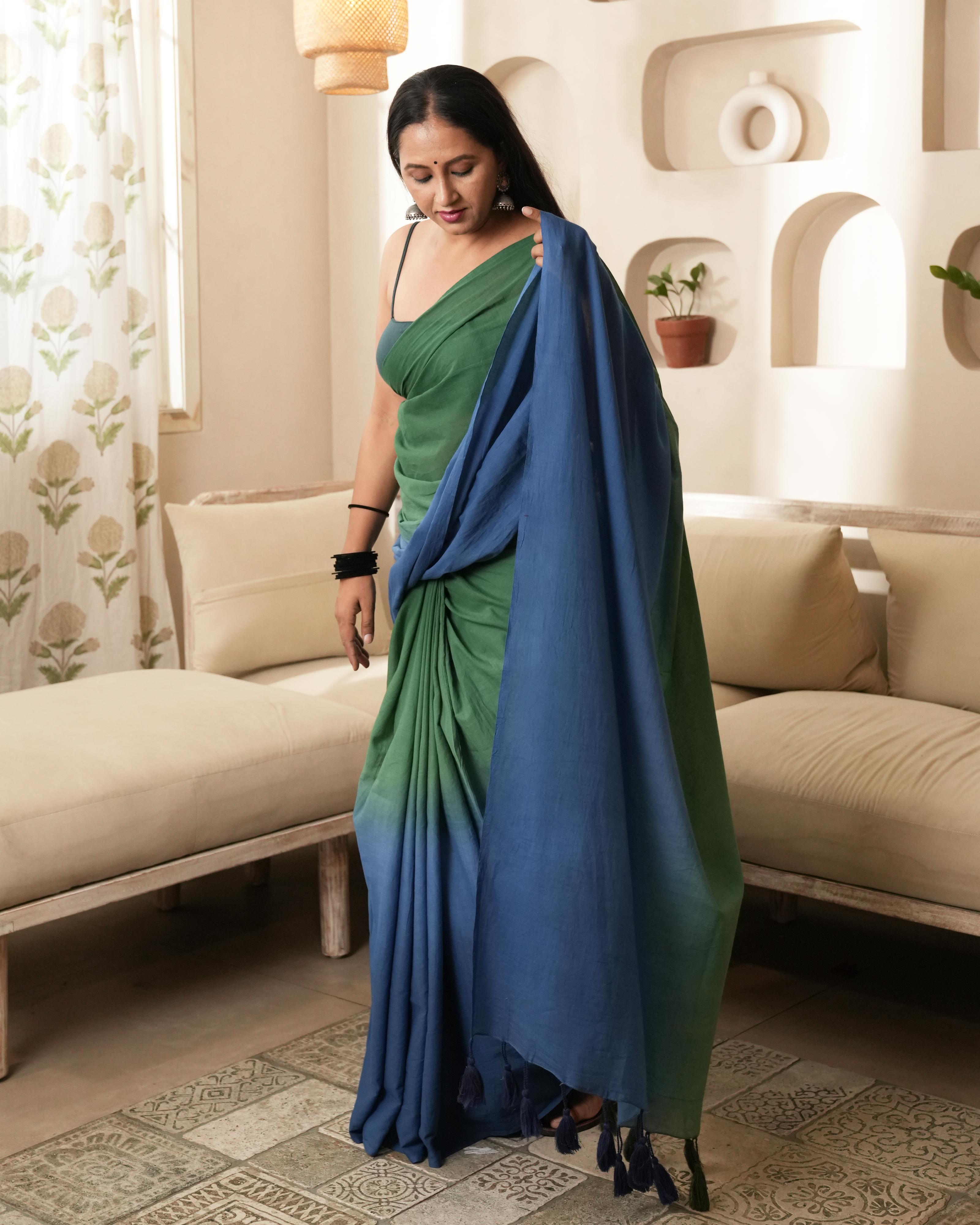 Blue-Green Half & Half Dyed Mul Saree with Tassels