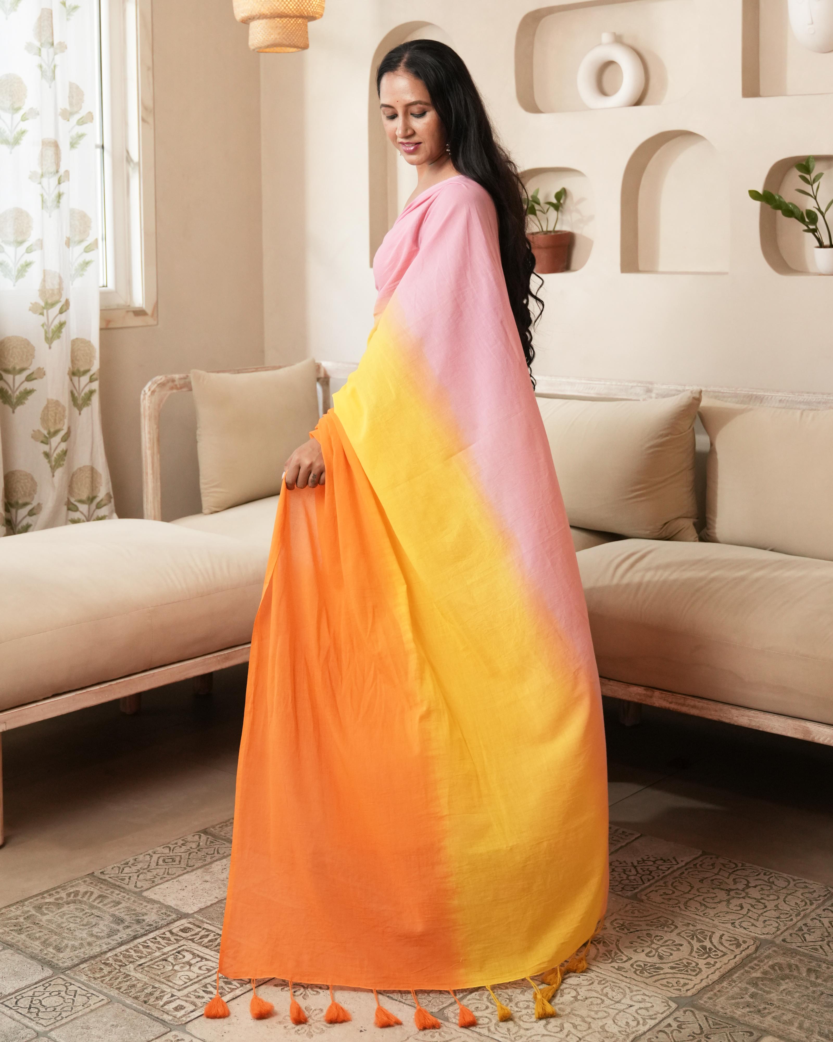 Pink-Orange Shaded Tie-Dye Mul Saree with Tassels