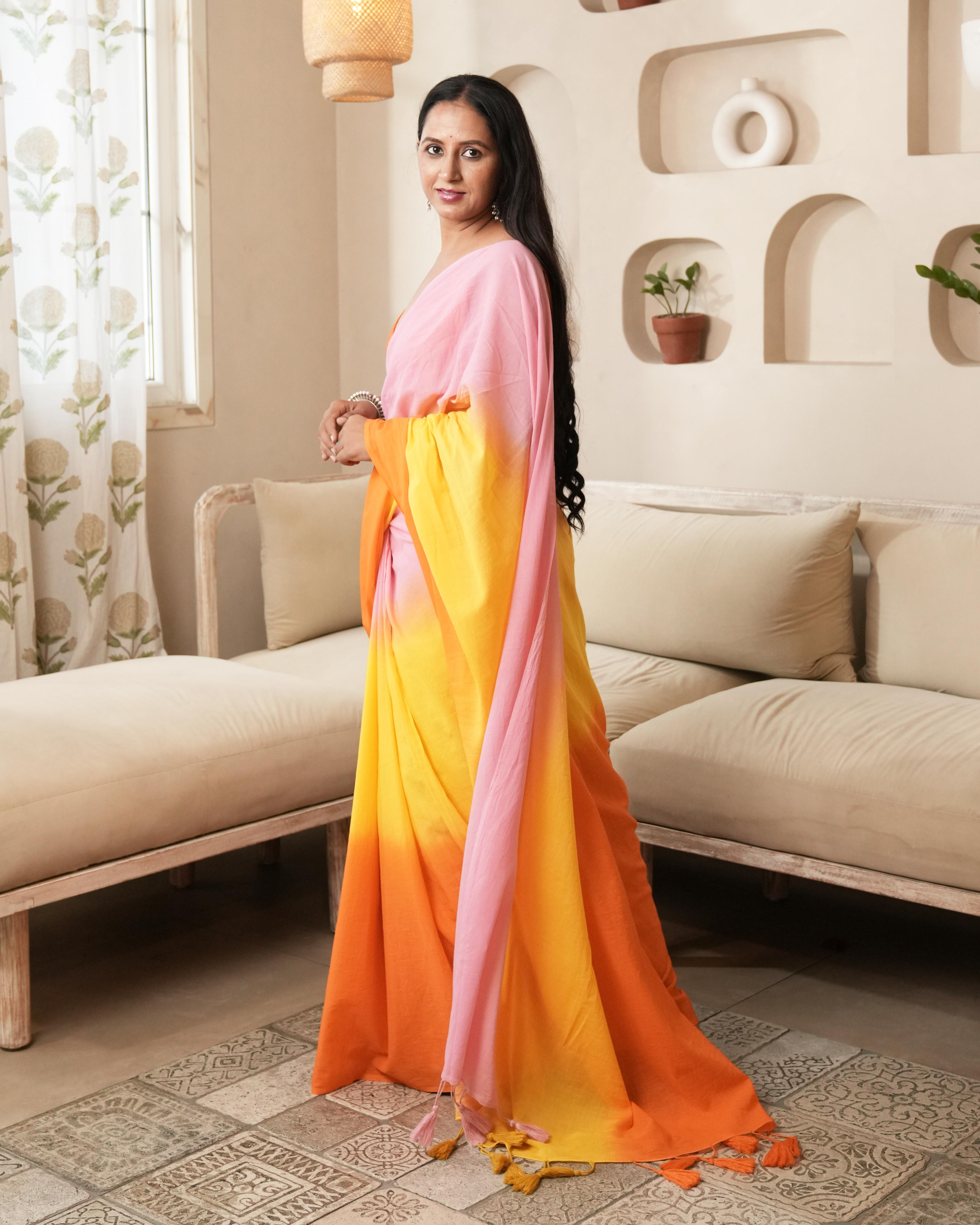 Pink-Orange Shaded Tie-Dye Mul Saree with Tassels
