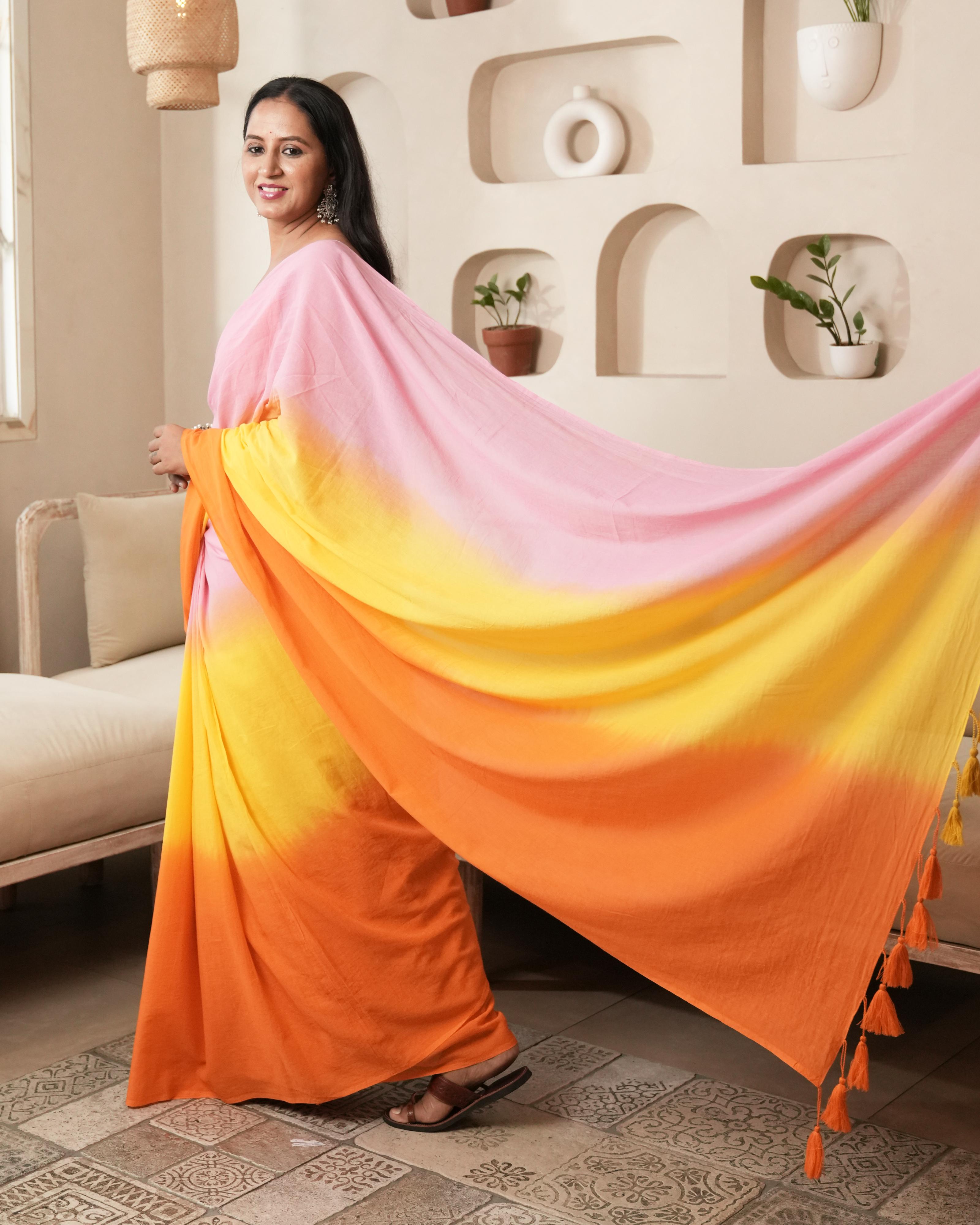 Pink-Orange Shaded Tie-Dye Mul Saree with Tassels