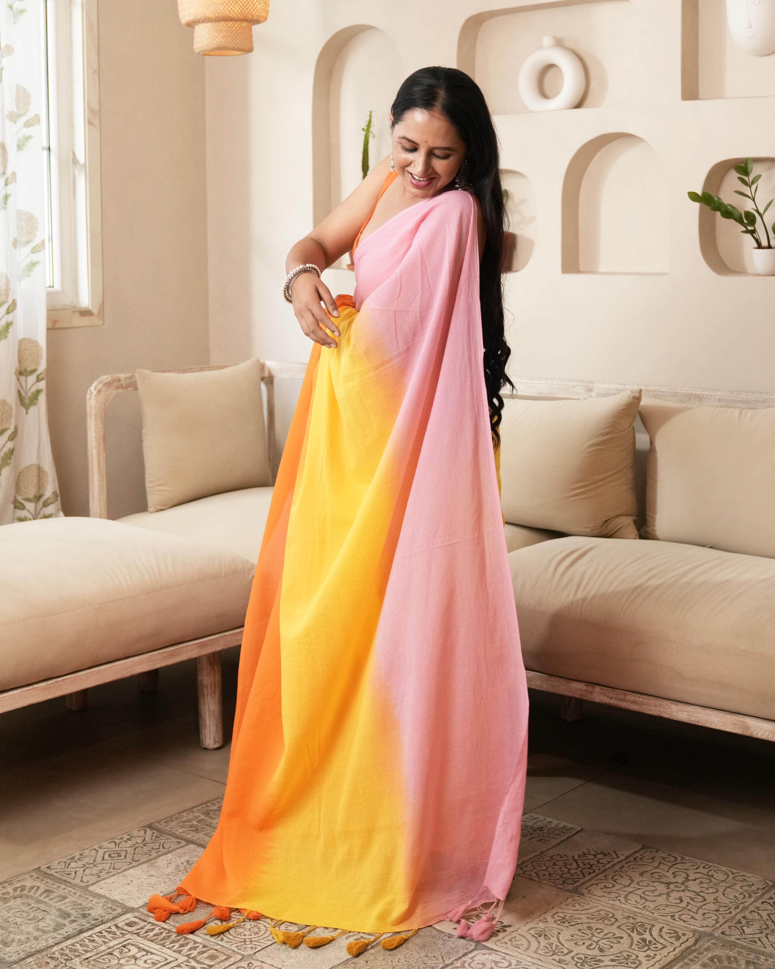 Pink-Orange Shaded Tie-Dye Mul Saree with Tassels