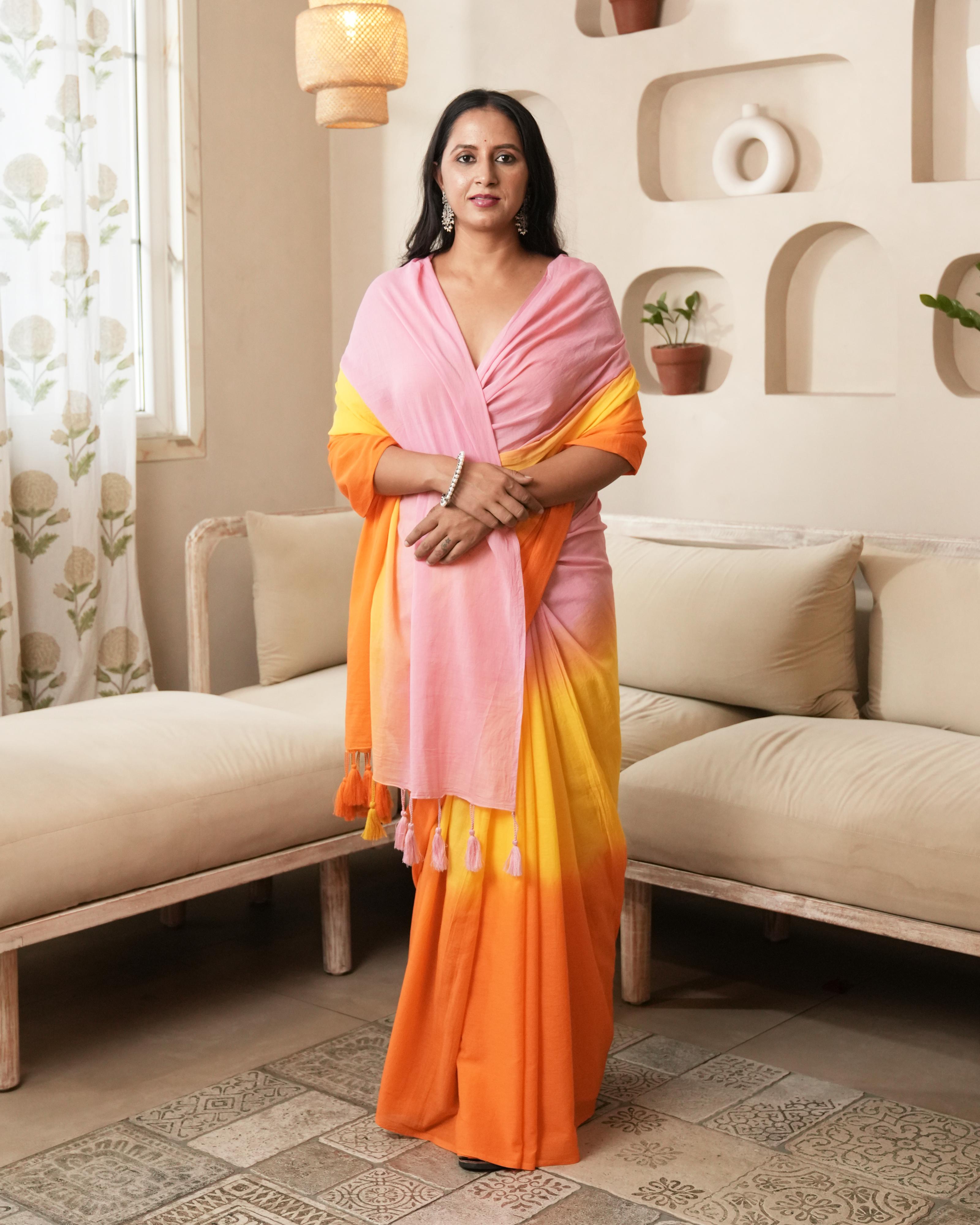 Pink-Orange Shaded Tie-Dye Mul Saree with Tassels
