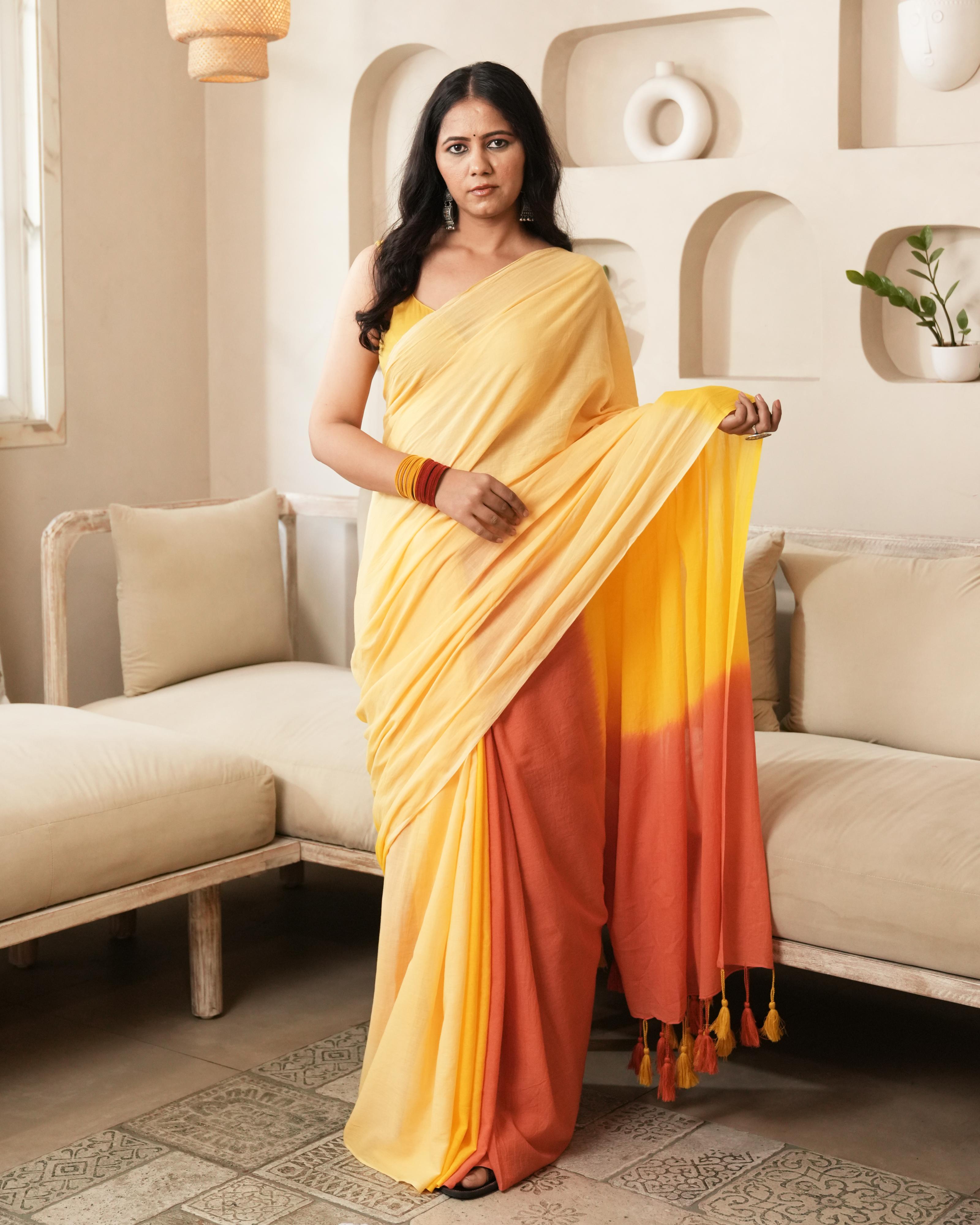 Yellow-Orange Shaded Tie-Dye Mul Saree with Tassels