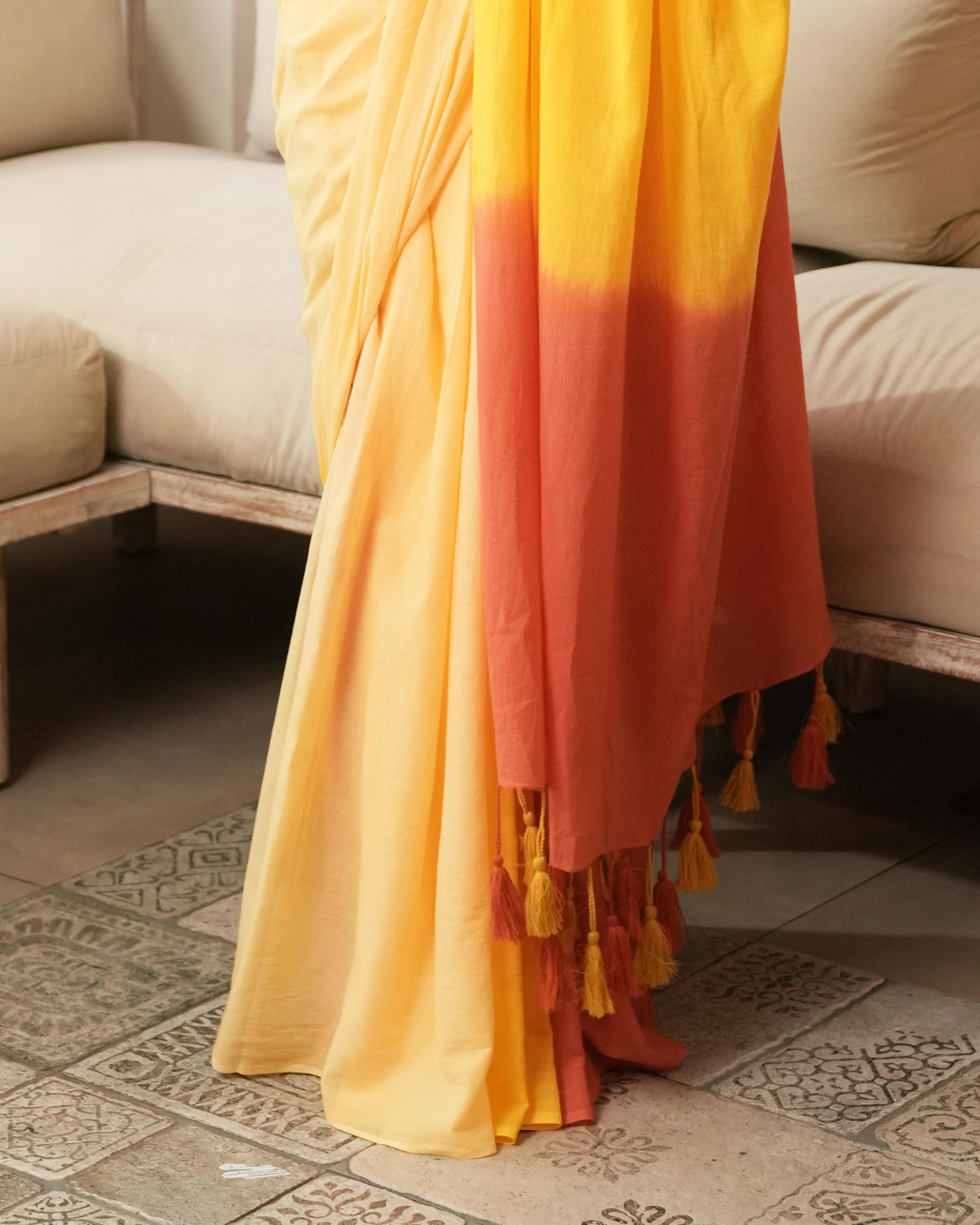 Yellow-Orange Shaded Tie-Dye Mul Saree with Tassels
