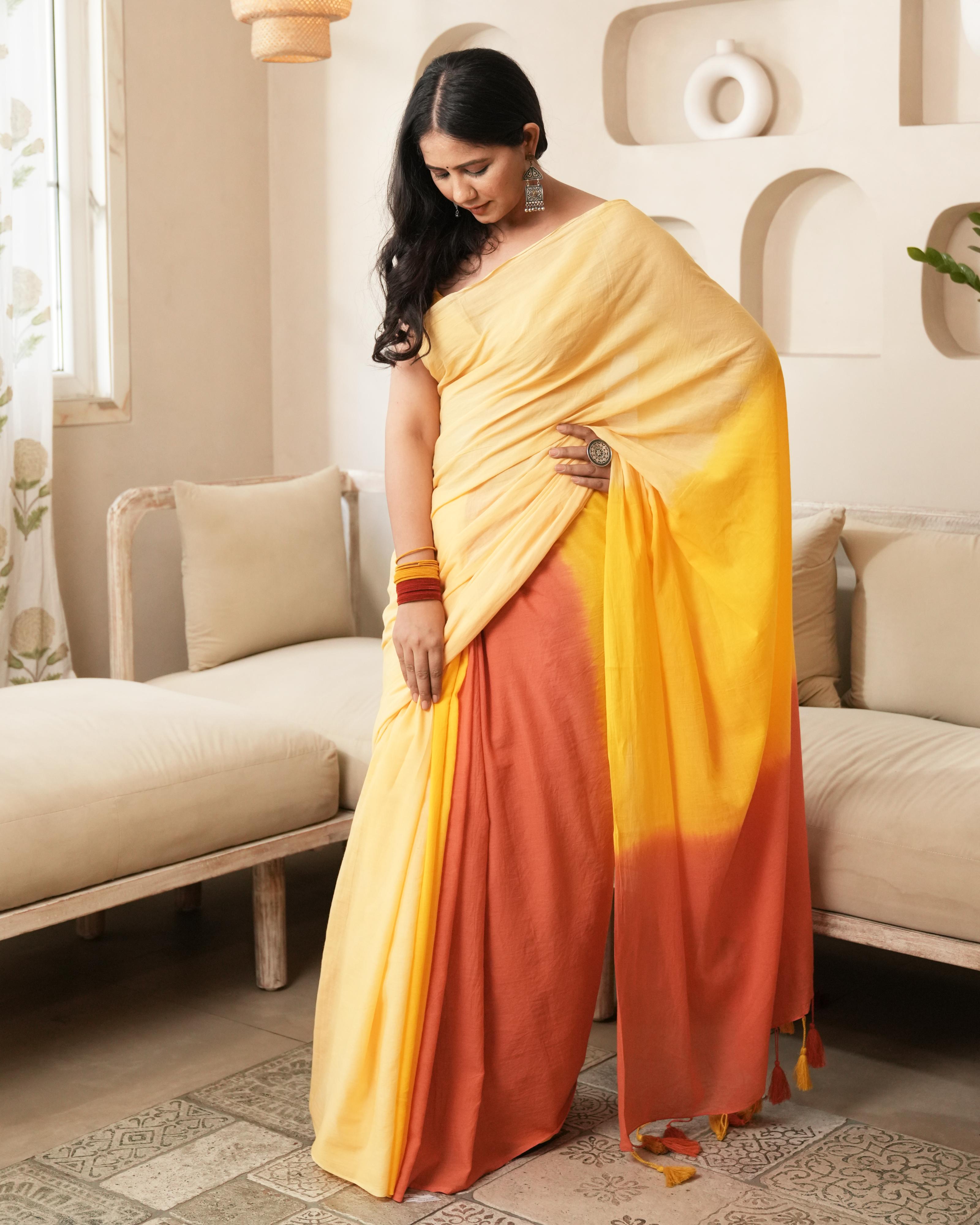 Yellow-Orange Shaded Tie-Dye Mul Saree with Tassels