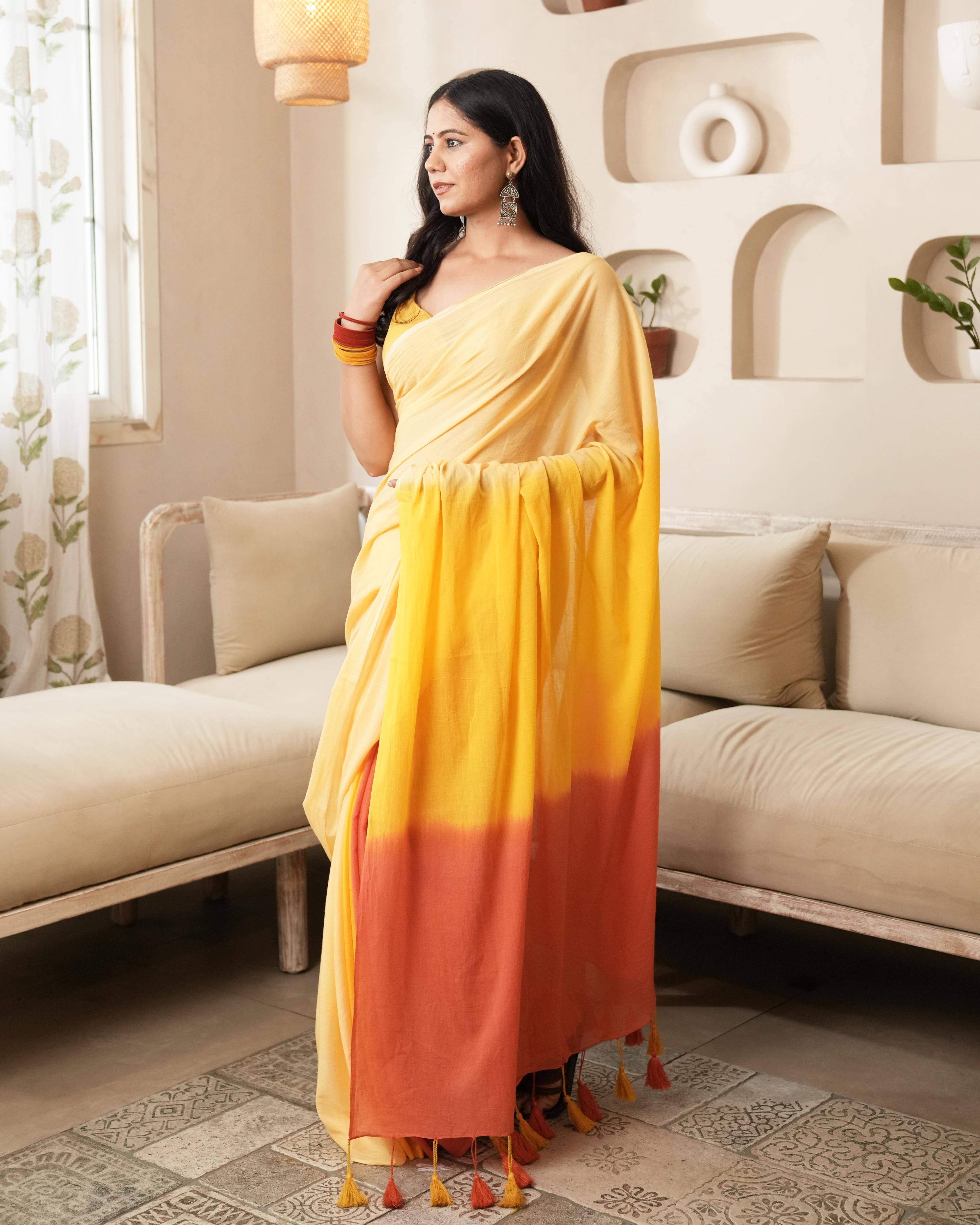 Yellow-Orange Shaded Tie-Dye Mul Saree with Tassels
