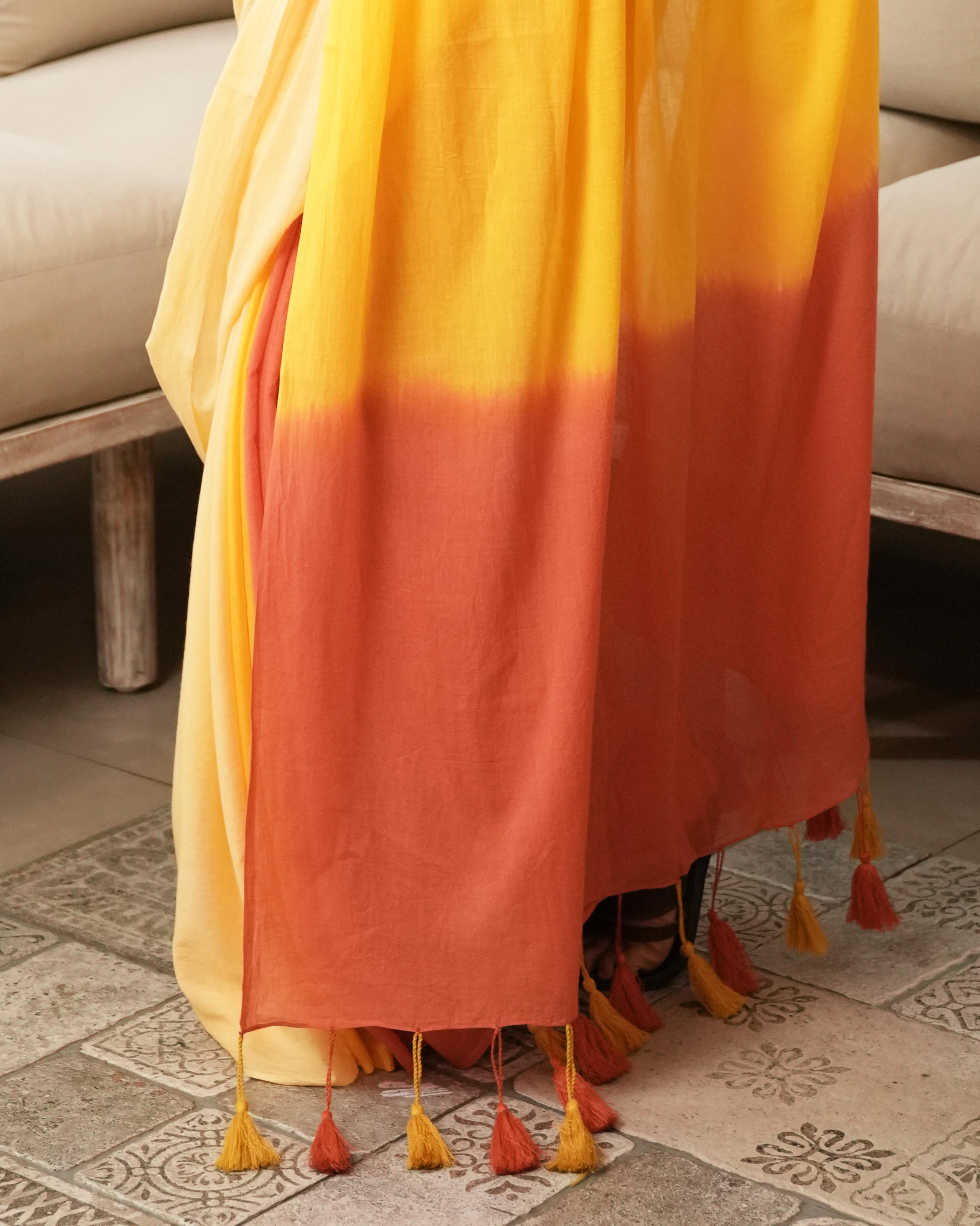 Yellow-Orange Shaded Tie-Dye Mul Saree with Tassels