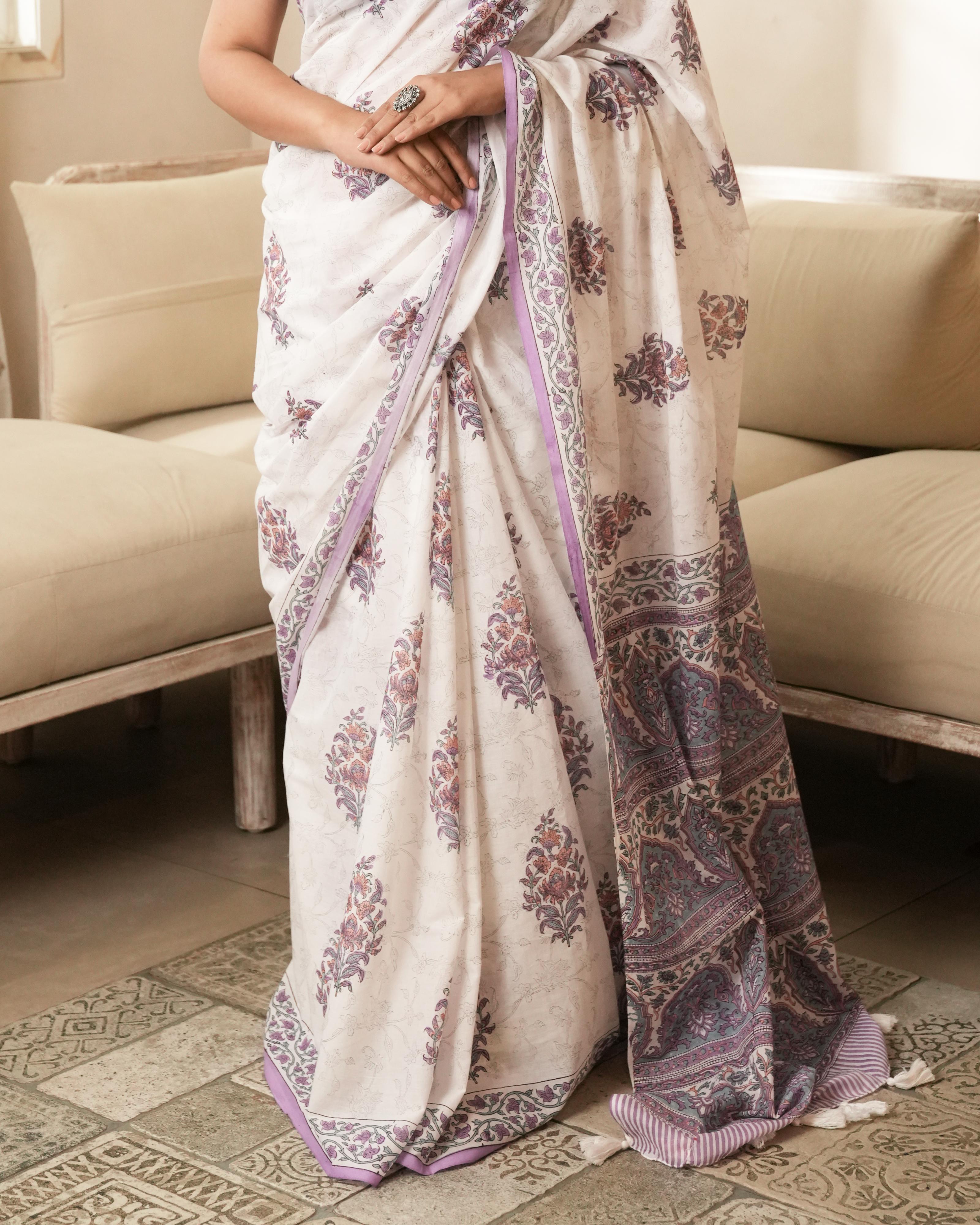 White & Violet Butta Handblock Print Mul Saree with Tassels