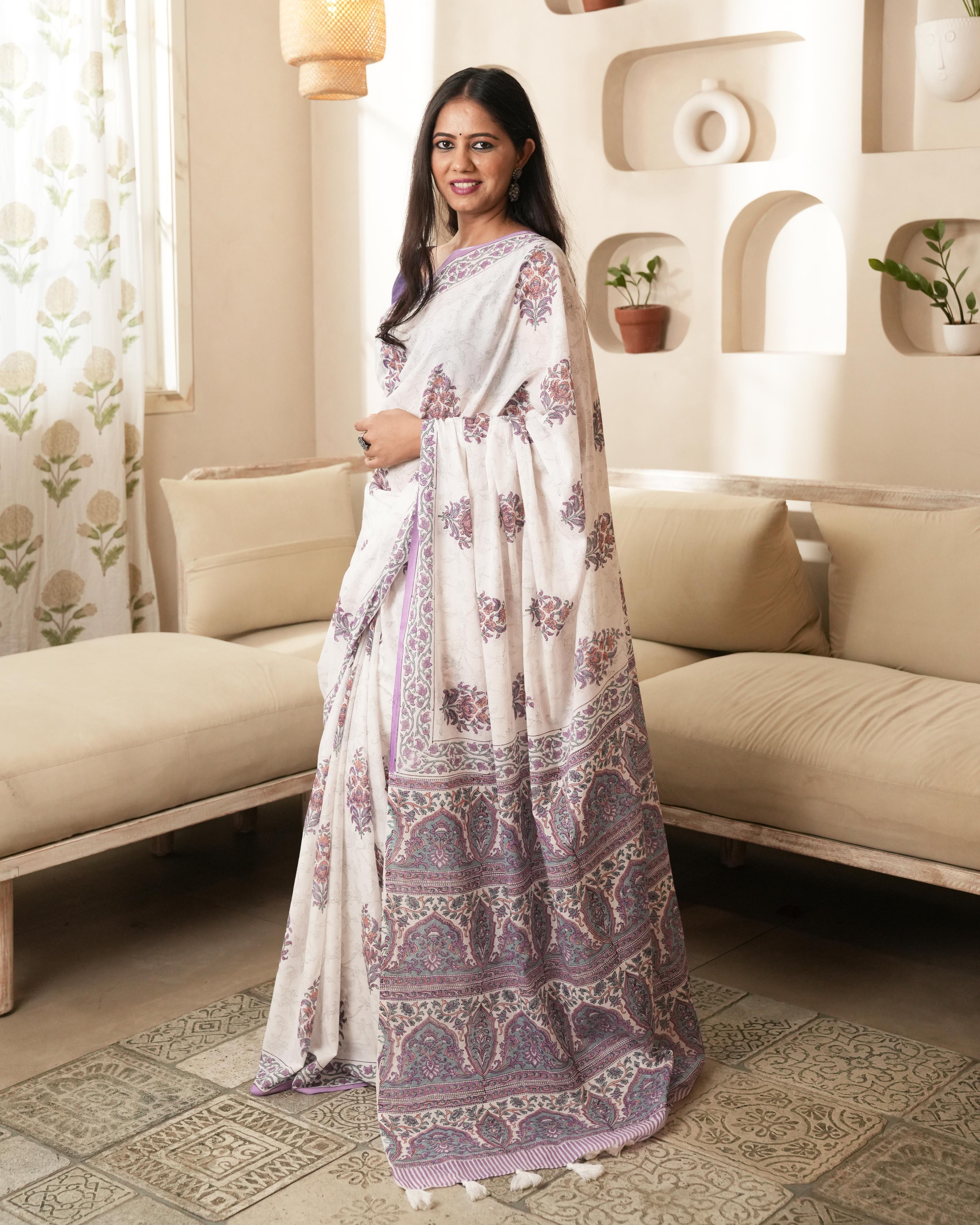 White & Violet Butta Handblock Print Mul Saree with Tassels