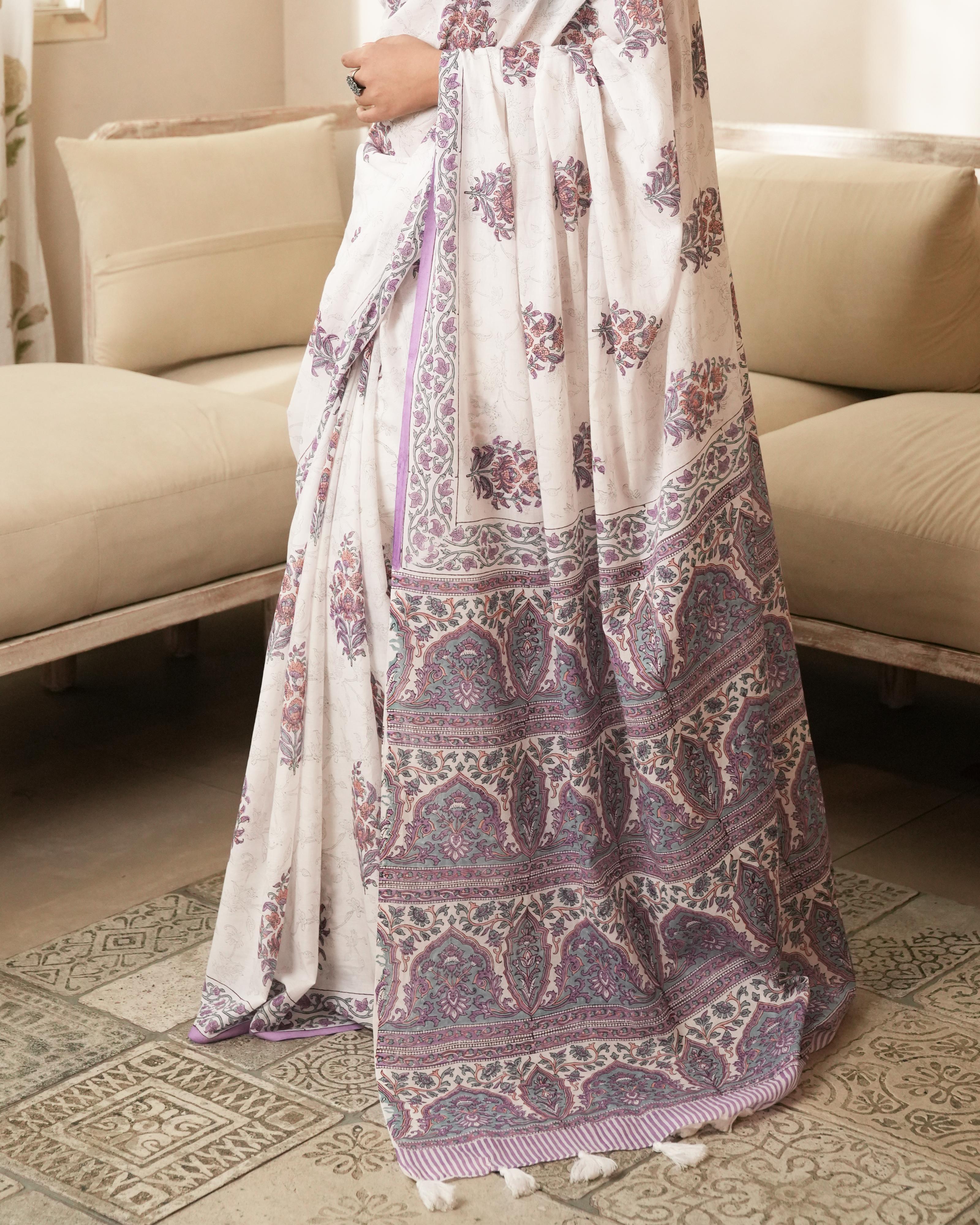 White & Violet Butta Handblock Print Mul Saree with Tassels