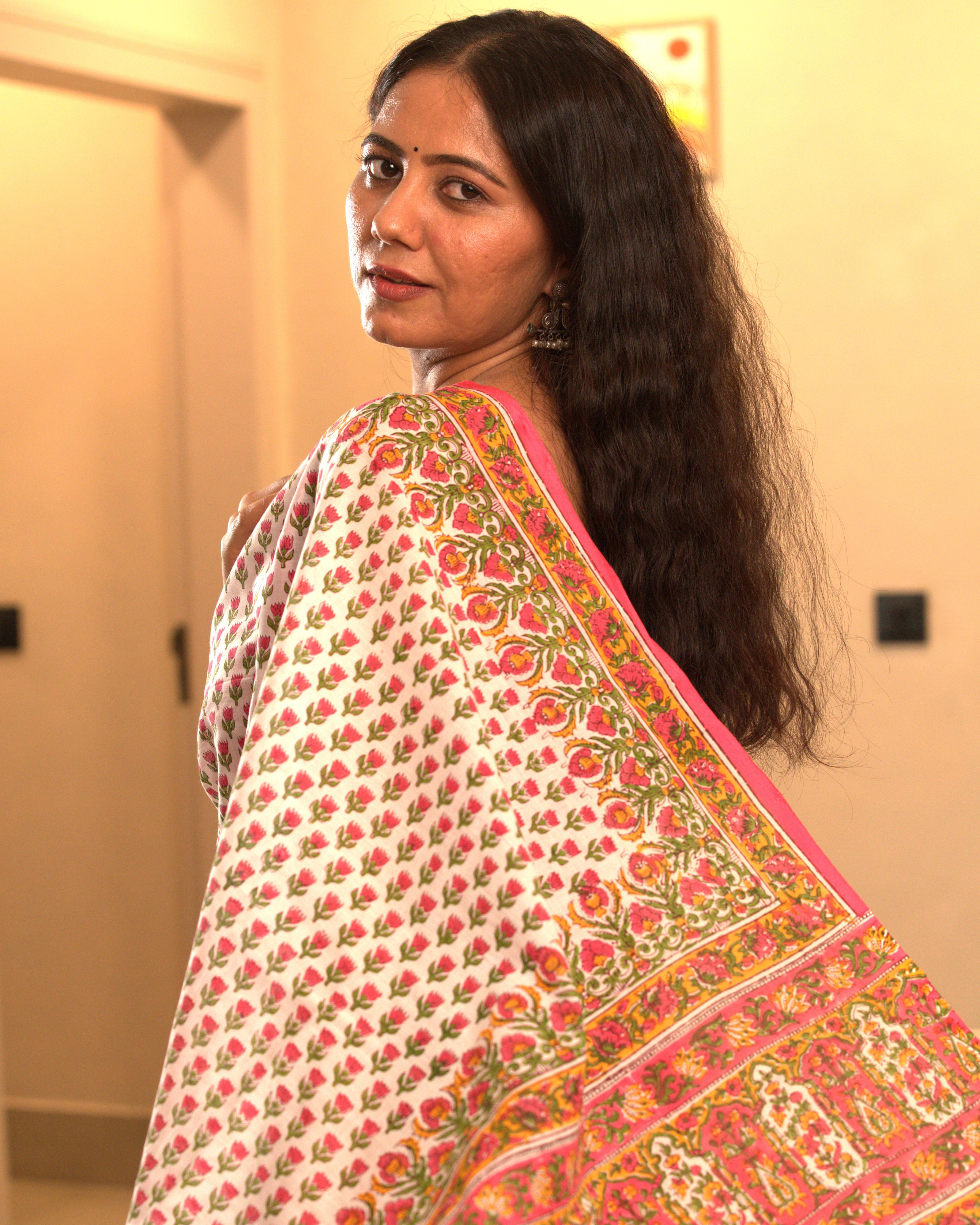 White & Pink Butti Handblock Print Mul Saree with Tassels