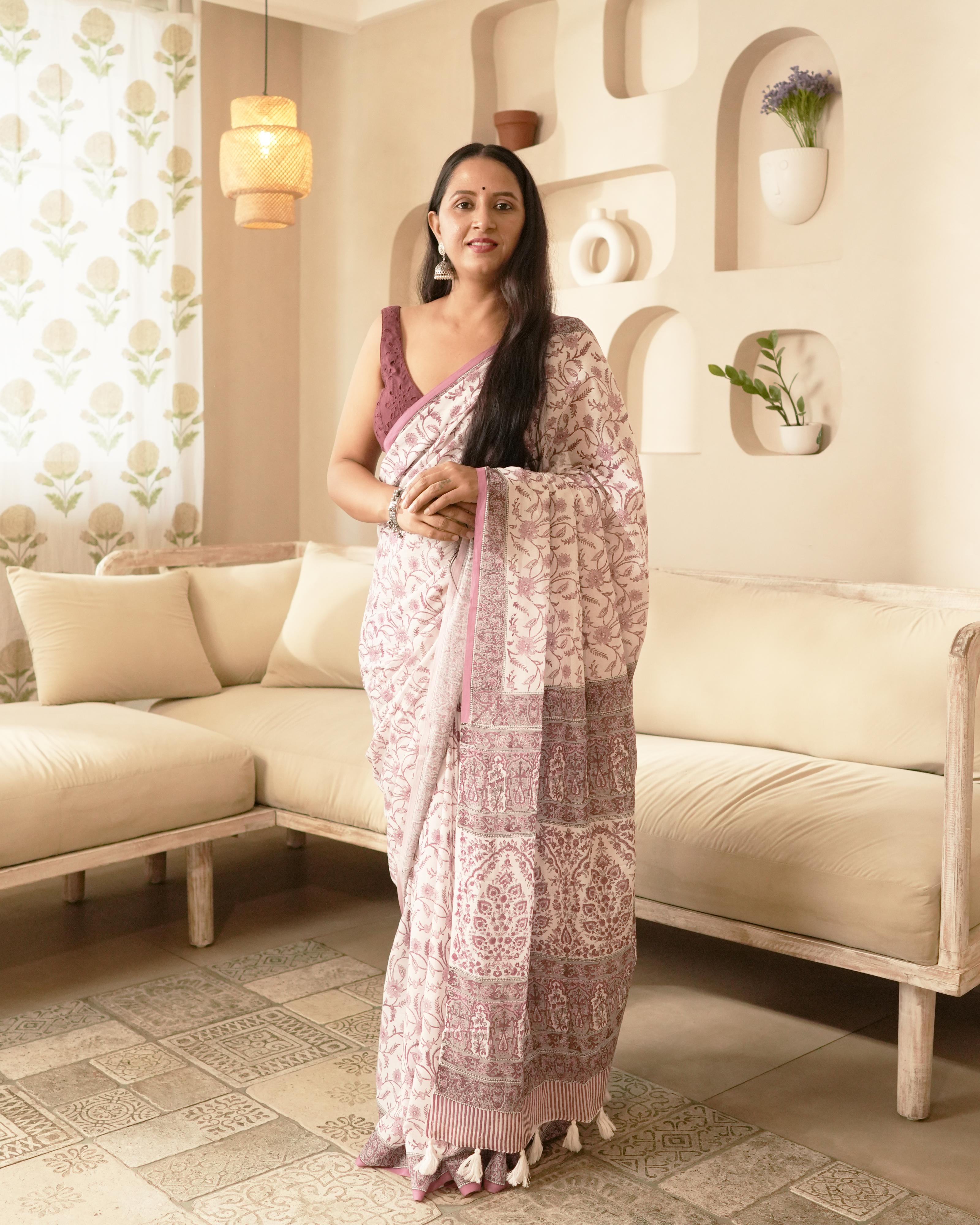 White & Wine Jaal Handblock Print Mul Cotton Saree with Tassels