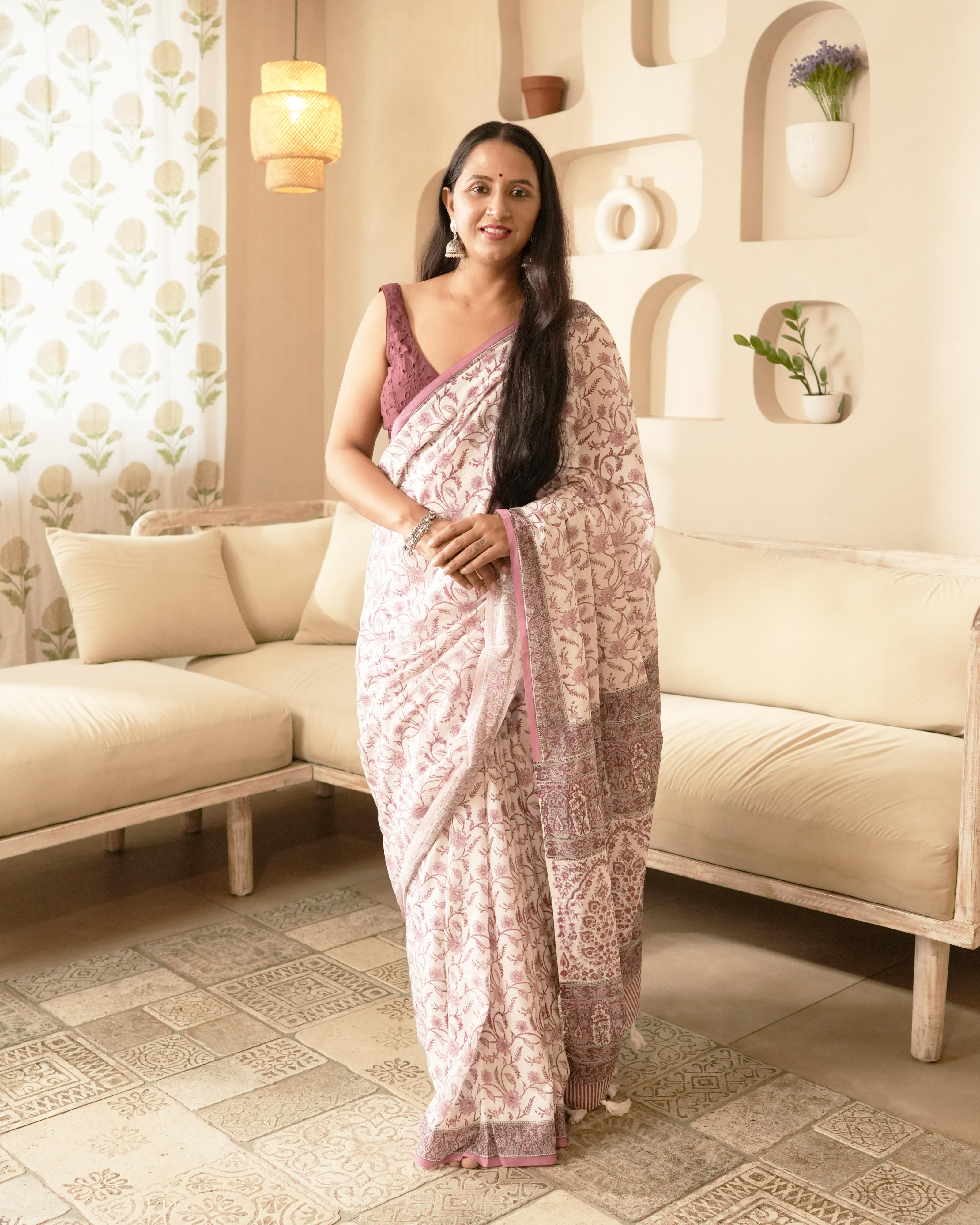 White & Wine Jaal Handblock Print Mul Cotton Saree with Tassels