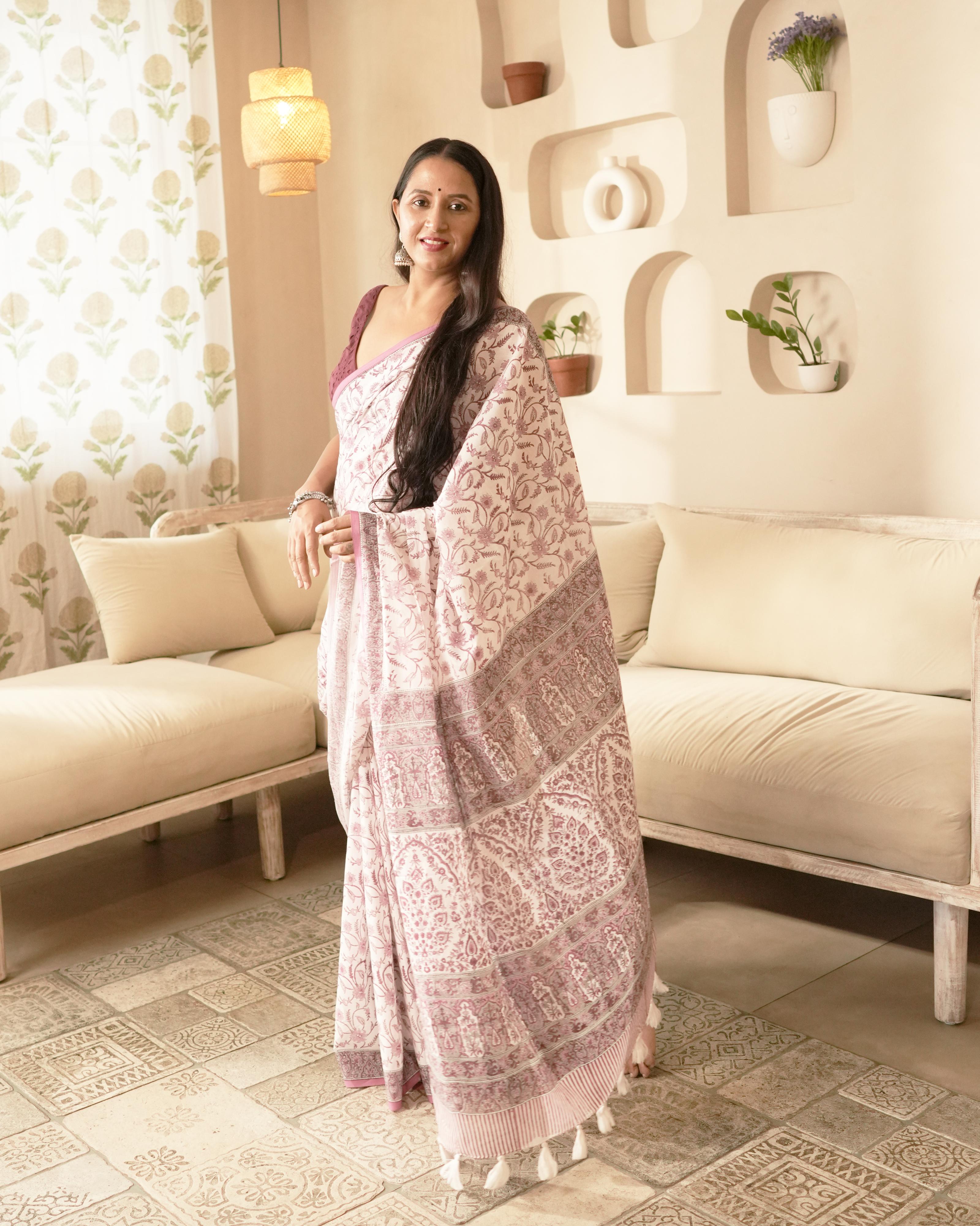 White & Wine Jaal Handblock Print Mul Cotton Saree with Tassels