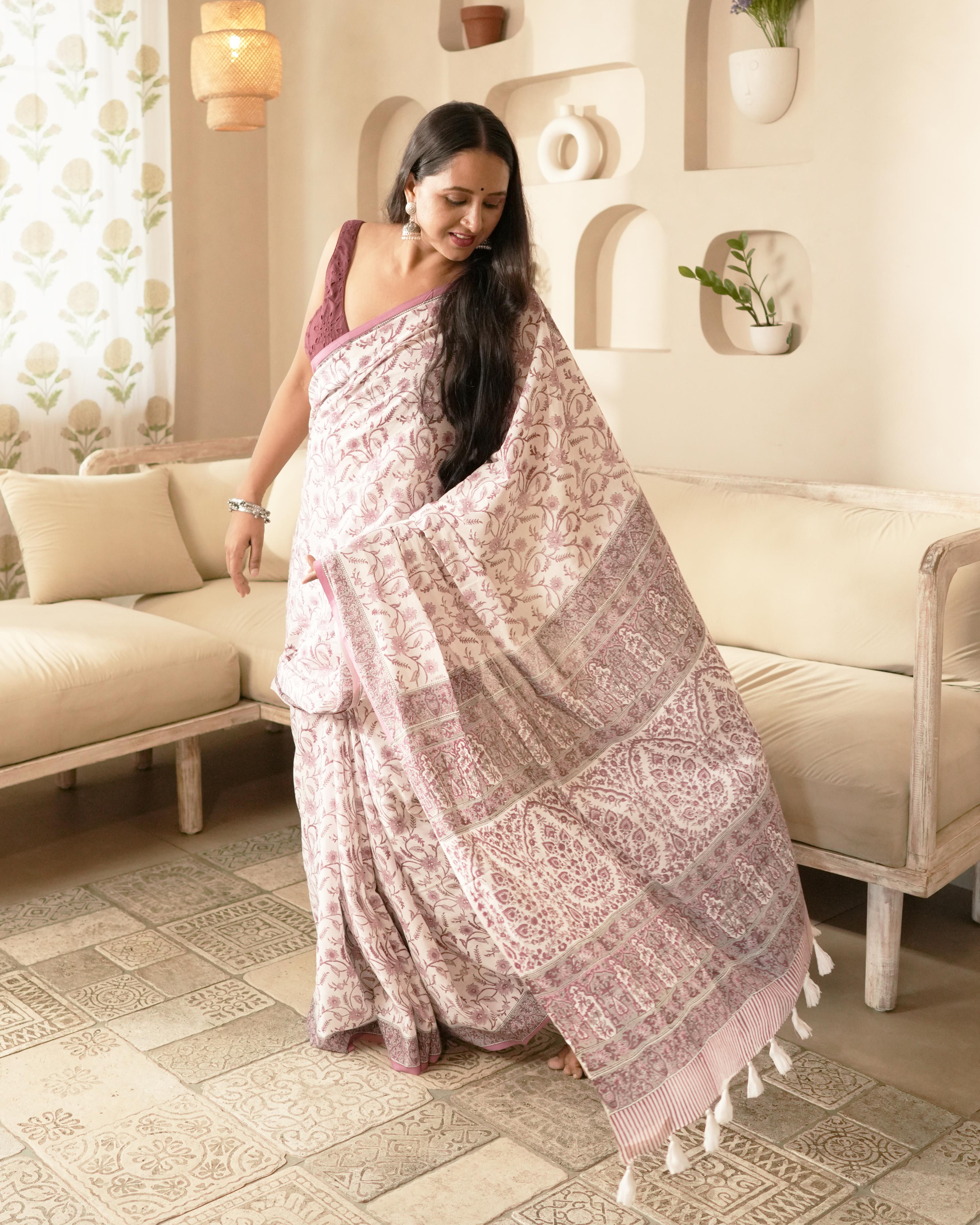 White & Wine Jaal Handblock Print Mul Cotton Saree with Tassels