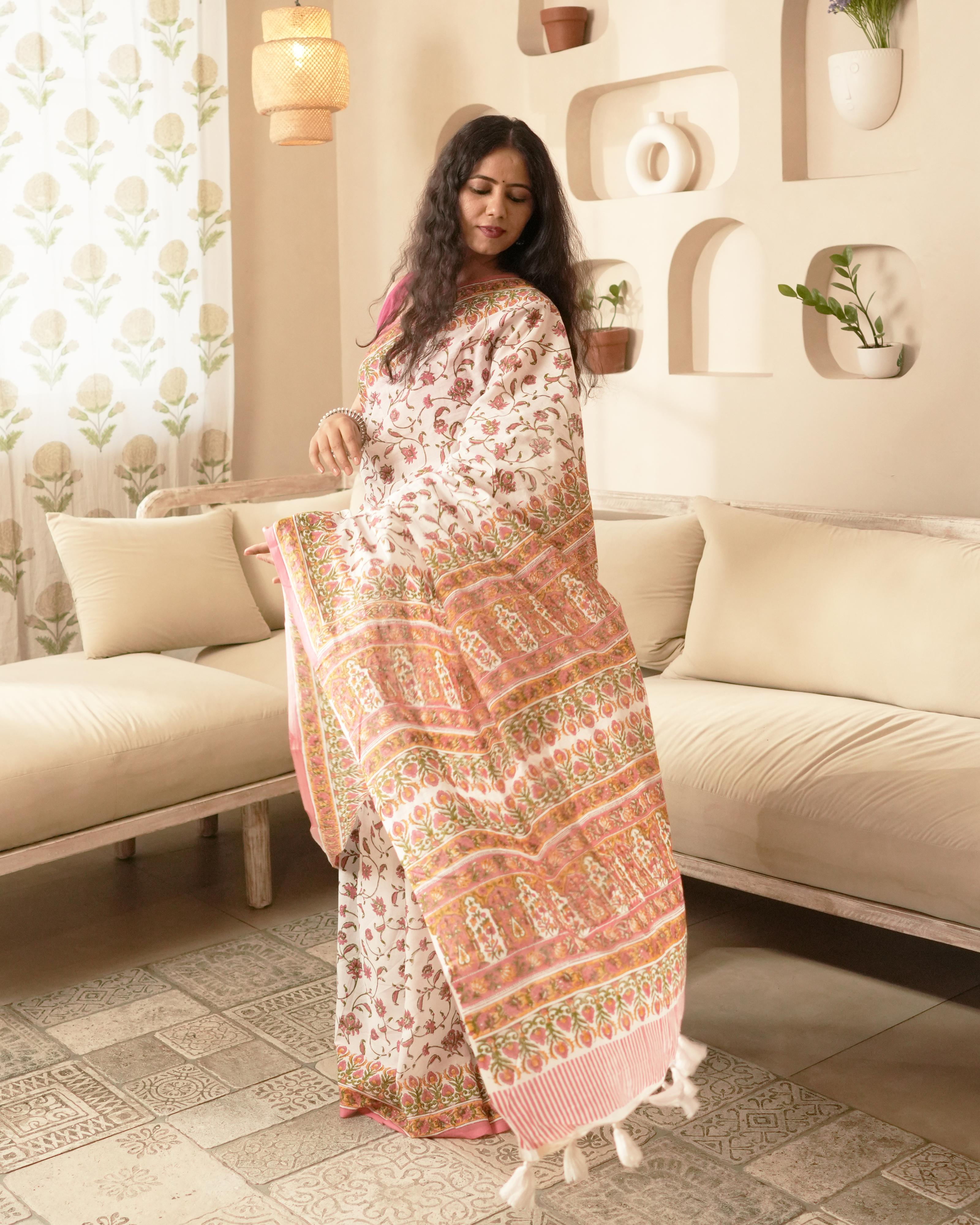 White & Magenta Jaal Block Print Mul Saree with Tassels